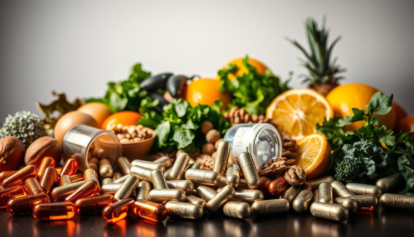 Minerals for Muscles: A Vibrant Visual Feast A still life arrangement showcasing an assortment of essential minerals for muscle health and function. In the foreground, an array of metallic supplements such as iron, calcium, and magnesium capsules, their surfaces glistening under warm, directional lighting. In the middle ground, a variety of fresh, nutrient-dense foods like leafy greens, nuts, and citrus fruits, highlighting the natural sources of these vital minerals. The background features a clean, minimalist backdrop, allowing the subject to take center stage and emphasize the importance of balanced nutrition and targeted supplementation for optimal muscle performance and recovery.