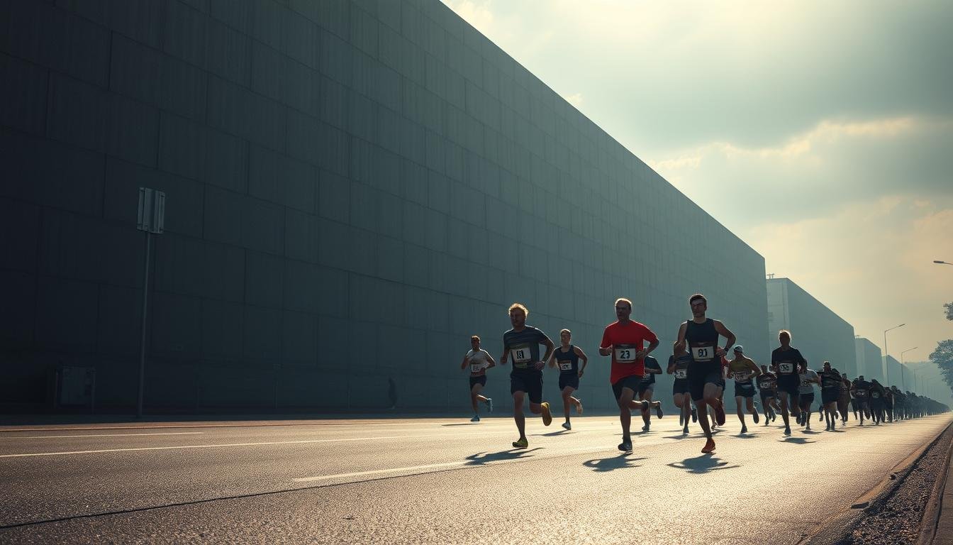 Muro del maratón: a towering, formidable wall of fatigue and exhaustion, looming ahead in the final stages of a grueling marathon. Depicted in moody, atmospheric lighting, the wall appears as a monolithic, textured barrier, casting long shadows across the paved surface. Runners, their faces etched with determination, approach the wall, their bodies straining against the relentless pull of physical and mental exhaustion. The scene conveys the visceral, metaphorical experience of "hitting the wall," where the body's reserves are depleted, and the mind must summon extraordinary willpower to push through. Soft, ambient hues and a sense of depth and scale emphasize the immense challenge faced by the athletes, capturing the essence of this critical moment in the marathon journey.