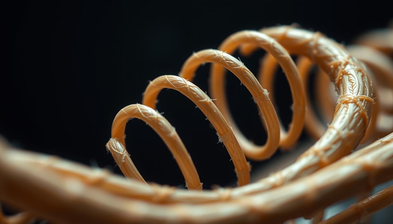 Tendons coiled like mechanical springs, their fibrous structures intertwined in a biomechanical dance. Sinews stretching and recoiling, storing and releasing elastic energy with each movement. Capture the graceful tension of these organic mechanisms, their flexible yet robust architecture enabling the body's explosive bursts of motion. Soft lighting accentuates the intricate textures, while a shallow depth of field isolates the tendons in sharp focus against a subtly blurred background. Convey the elegant efficiency of this natural spring system, a testament to the human form's engineering prowess.