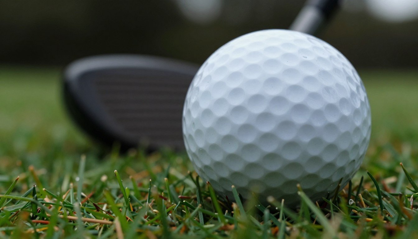 A close-up of a dimly lit golf ball, showcasing its intricate pattern of 336 dimples arranged in a precise geometric fashion. The surface of the golf ball should reflect a soft sheen, emphasizing its smooth texture and the distinct shadows cast by the dimples. In the foreground, place the golf ball resting on a lush green grass surface, with a hint of dew droplets for added detail. In the middle ground, include a blurred silhouette of a golf club poised above the ball, suggesting anticipation. In the background, softly out-of-focus trees create a serene, natural environment, enhancing the focus on the golf ball. The overall atmosphere should evoke a sense of precision and technical excellence, ideal for illustrating the benefits and functions of golf ball dimples.