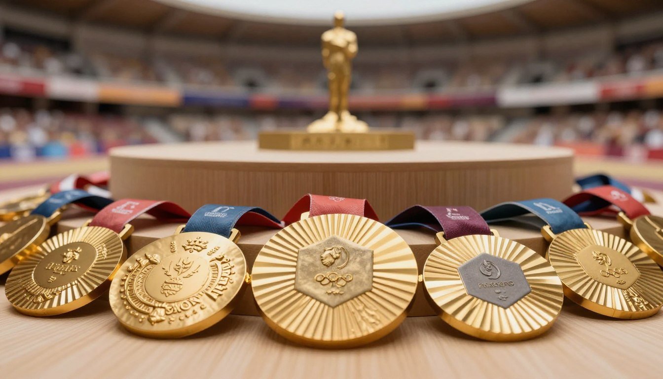 A close-up view of an elegant arrangement of gold medals, showcasing their intricate designs and craftsmanship. In the foreground, display several medals gleaming under soft, diffused lighting, highlighting their rich textures and details. The medals should feature traditional Olympic emblems and ribbons in vibrant colors. In the middle ground, include a subtle wooden display podium that complements the gold, adding warmth to the scene. In the background, a blurred out, soft-focus image of a historical sports arena can evoke the atmosphere of triumph and celebration. The scene should radiate a sense of prestige and achievement, capturing the essence of gold medals' allure. Use a shallow depth of field to draw attention to the medals while maintaining an elegant and refined atmosphere.