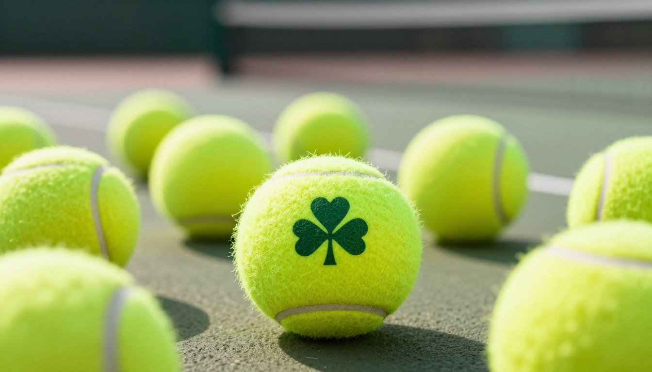 A close-up view of bright yellow tennis balls scattered on a textured surface, highlighting their fuzzy texture and vibrant color. In the foreground, one tennis ball is prominently displayed, glistening under soft, natural sunlight, emphasizing its roundness and the trademark Four-leaf clover logo. The middle ground shows more tennis balls of varying sizes, with some slightly out of focus to create depth. In the background, a blurred sports court setting adds context, enhancing the atmosphere of an active sport. The overall mood is energetic and lively, inviting viewers to appreciate the evolution of tennis ball colors. The lighting is warm and inviting, accentuating the vivid yellow hues. A close-up view of bright yellow tennis balls scattered on a textured surface, highlighting their fuzzy texture and vibrant color. In the foreground, one tennis ball is prominently displayed, glistening under soft, natural sunlight, emphasizing its roundness and the trademark Four-leaf clover logo. The middle ground shows more tennis balls of varying sizes, with some slightly out of focus to create depth. In the background, a blurred sports court setting adds context, enhancing the atmosphere of an active sport. The overall mood is energetic and lively, inviting viewers to appreciate the evolution of tennis ball colors. The lighting is warm and inviting, accentuating the vivid yellow hues.