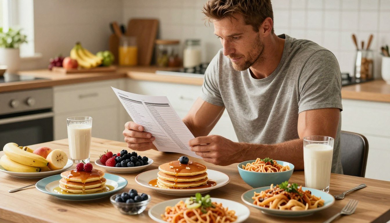 A detailed analysis of Michael Phelps's diet, focusing on high-calorie meals. Foreground: a well-arranged table filled with colorful plates of food—pancakes with syrup, fruits like bananas and berries, bowls of pasta, and protein shakes, all reflecting a high-caloric content. Middle ground: a muscular figure, dressed in a modest casual outfit, thoughtfully reviewing nutritional charts and meal plans, expressing focus and determination. Background: a bright, airy kitchen setting with food preparation areas visible, emphasizing a healthy lifestyle. Lighting should be warm and inviting, creating a motivational atmosphere, with soft shadows to enhance depth. The composition conveys an inspiring message about nutrition and dedication in an Olympic context, without any text or distractions.