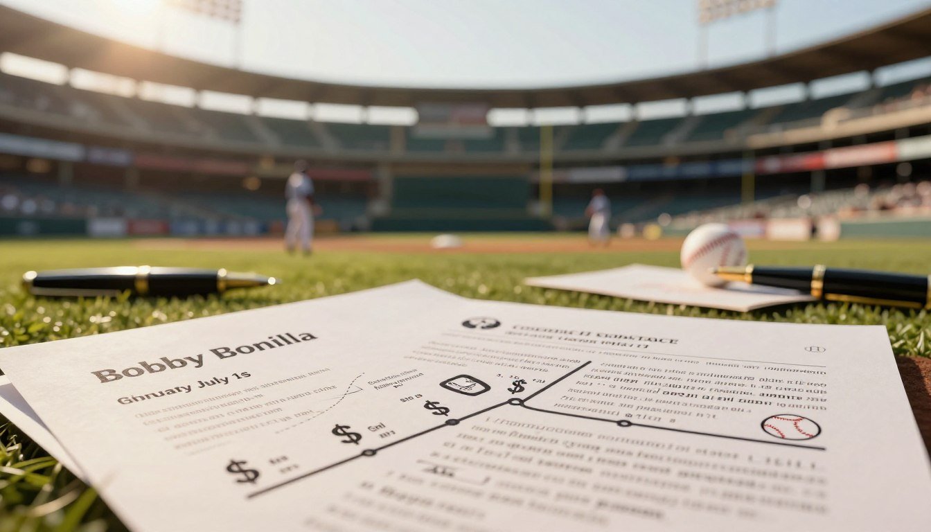 A detailed financial diagram illustrating the payment structure of Bobby Bonilla's baseball contract, visually representing the significant annual payout of one million dollars every July 1st. In the foreground, focus on a stylized chart with clear lines and icons showing dollar signs, baseball motifs, and timeline milestones. In the middle ground, include abstract representations of contracts and agreements, using symbols like a pen and signed document. The background should feature a baseball stadium in soft focus, evoking the sport's atmosphere. Use warm, inviting lighting to create a professional yet engaging mood. Employ a wide-angle perspective to capture both the detailed contract elements and the essence of baseball. No text or watermarks in the image.