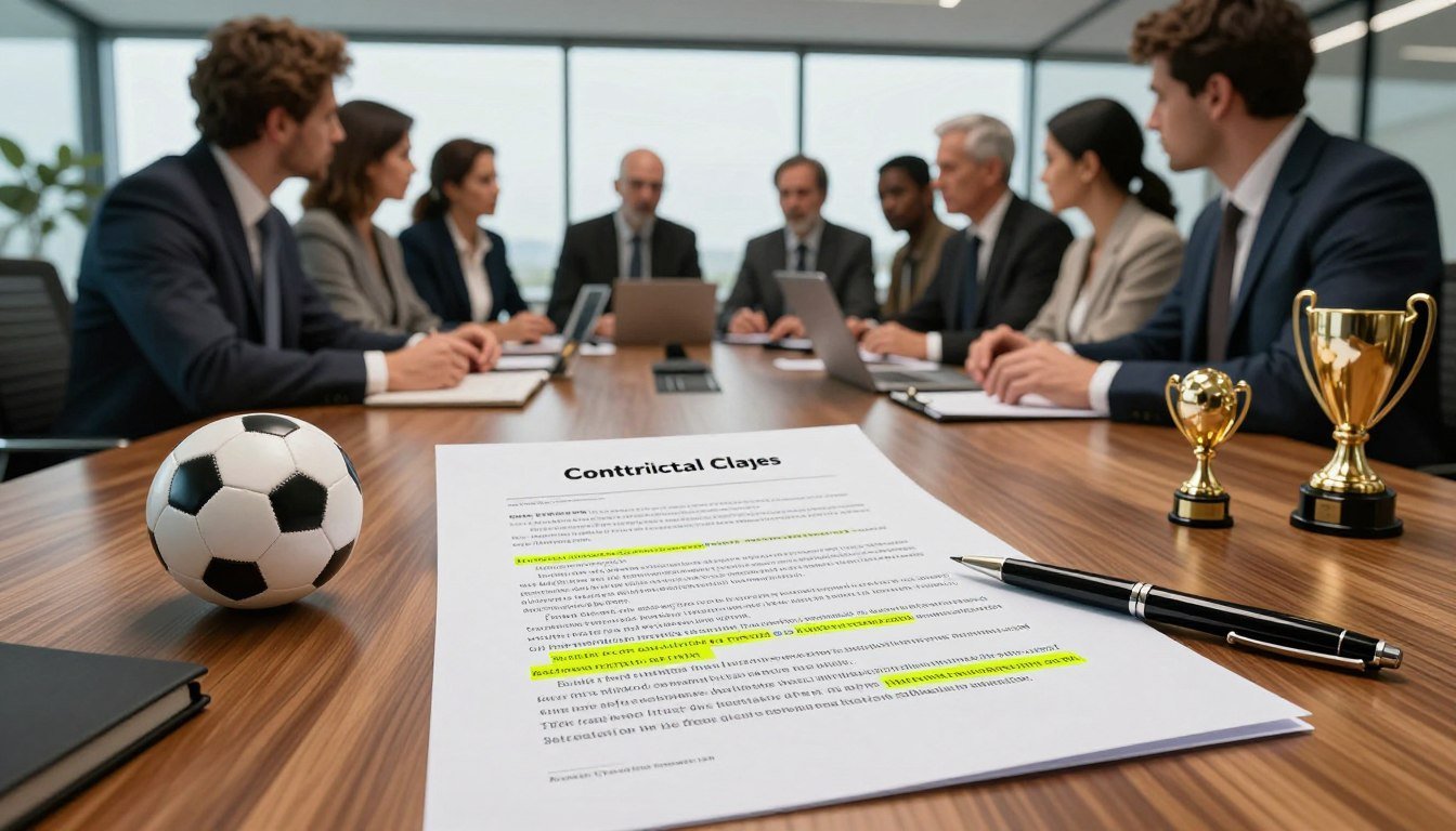 A detailed scene illustrating the mechanisms of contractual clauses, with a focus on football contracts. In the foreground, a large contract document sprawls out on a polished wooden table, with various highlighted sections showcasing whimsical clauses, like restrictions on space travel. Surrounding this contract, there are symbols of football, such as a miniature football, trophies, and stylish pens. In the middle ground, a diverse group of professionals in business attire, including men and women, are engaged in animated discussion, analyzing the contract while pointing at certain clauses. The background features a modern office setting with floor-to-ceiling windows, allowing natural light to stream in, creating an atmosphere of professionalism and intrigue. The overall mood is serious yet slightly humorous, hinting at the absurdity of certain contract details.