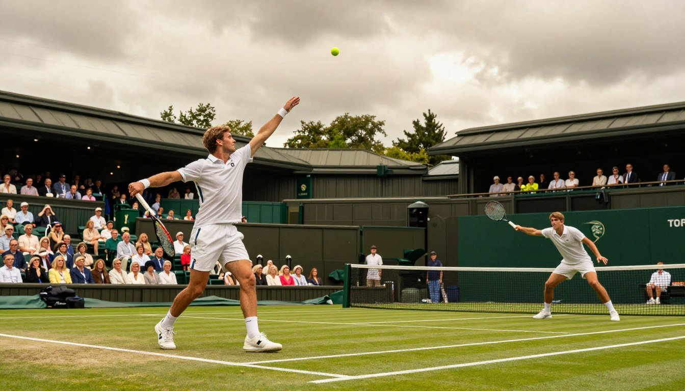 A dramatic scene capturing the essence of the longest tennis match in history at Wimbledon, featuring a vibrant tennis court set against a cloudy sky. In the foreground, two focused male players in professional athletic attire, one with a determined expression serving, and the other poised to return the ball. In the middle ground, spectators are enthralled, some showing signs of fatigue yet excitement, reflecting the match's duration. The background showcases the iconic Wimbledon grandstands, with banners and lush greenery. Use warm, dynamic lighting to highlight the intensity of the moment, as if capturing a pivotal point in the match. The angle is slightly elevated, providing a panoramic view of the action, conveying the electric atmosphere and historic significance of the event.