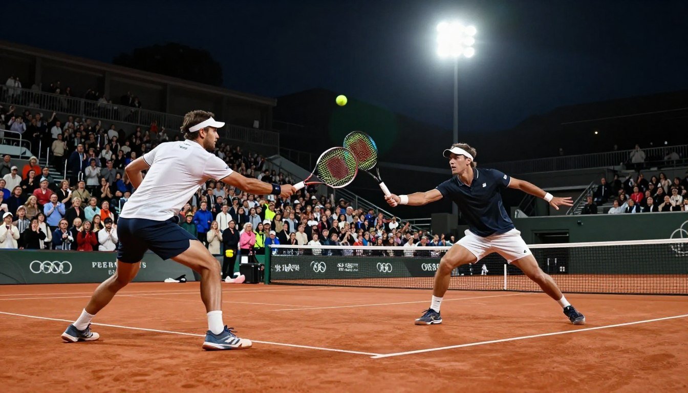 A dramatic scene capturing the intensity of early tennis matches and quarter-finals, featuring two determined athletes in professional sports attire, engaged in a fierce rally on a clay court under bright stadium lights. In the foreground, one player exhibits a powerful backhand while the other lunges to return the shot. In the middle, a tense crowd of enthusiastic fans watches, their expressions filled with anticipation and excitement. The background features tennis court details, such as the net and court markings, set against a night sky adorned with bright floodlights. The atmosphere is charged with competitive spirit and resilience, showcasing the physical and mental challenges of the tournament. The angle is slightly elevated, providing a dynamic perspective of the match in action.