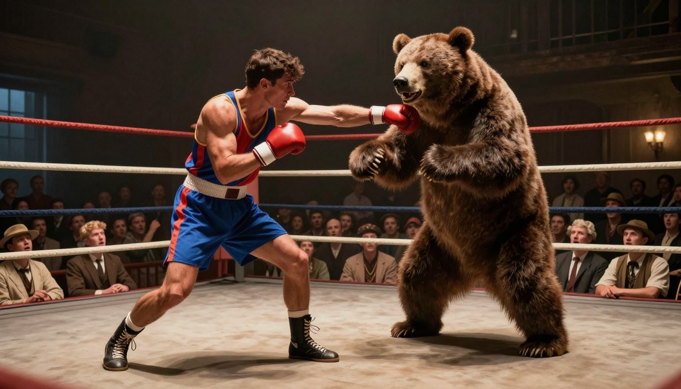 A dramatic scene depicting a professional boxer in a colorful, vintage boxing outfit, expertly dodging a powerful bear in a rustic, dimly lit boxing ring. The boxer, muscular and focused, is shown mid-movement, showcasing agility and determination, while the bear, large and imposing, is captured in a dynamic pose, emphasizing strength and raw power. The audience in the background is a mix of captivated spectators, dressed in 1920s attire, their expressions a blend of amazement and concern. Soft spotlighting adds intensity, casting shadows that enhance the tension of the moment. The atmosphere is electric, filled with a sense of surreal spectacle, blending sport with an element of cultural eccentricity, evocative of a unique historical period.