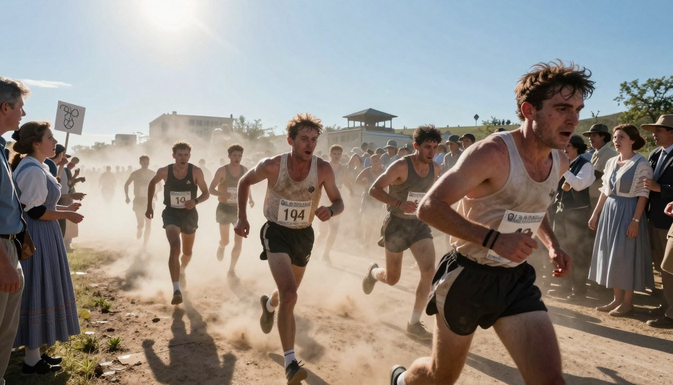 A dramatic scene depicting the extreme conditions of the 1904 Olympic Marathon. In the foreground, runners struggle through dust clouds, their faces showing exhaustion and determination, clad in period-appropriate athletic wear. In the middle, a chaotic atmosphere unfolds with spectators looking on, some holding signs, and a few in period dress displaying shock and disbelief. In the background, the harsh landscape of St. Louis is visible, with a blazing sun in a clear blue sky, casting harsh shadows on the pavement. The lens captures the raw intensity of the race with a slightly blurred effect on the runners to convey motion, while the lighting highlights the dusty air. The overall mood is tense and exhilarating, illustrating a moment of unprecedented challenge in sports history.