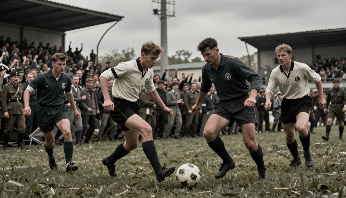 A dramatic scene from a historic football match, depicting a tension-filled moment during the "Death Match" between Dinamo de Kiev and Nazi soldiers in 1942. In the foreground, players in vintage football kits are engaged in a dynamic play, showcasing intense expressions of determination and teamwork. The middle ground features enthusiastic fans, with both supporters and opposing soldiers displaying a mixture of excitement and apprehension. The background captures a gritty, war-torn stadium, with a gray, overcast sky adding to the somber atmosphere. The lighting is muted, highlighting the contrasts between shadows and the players’ movements, with a focus on their feet striking the ball. The composition should evoke urgency, capturing the essence of this pivotal historical moment. A dramatic scene from a historic football match, depicting a tension-filled moment during the "Death Match" between Dinamo de Kiev and Nazi soldiers in 1942. In the foreground, players in vintage football kits are engaged in a dynamic play, showcasing intense expressions of determination and teamwork. The middle ground features enthusiastic fans, with both supporters and opposing soldiers displaying a mixture of excitement and apprehension. The background captures a gritty, war-torn stadium, with a gray, overcast sky adding to the somber atmosphere. The lighting is muted, highlighting the contrasts between shadows and the players’ movements, with a focus on their feet striking the ball. The composition should evoke urgency, capturing the essence of this pivotal historical moment.