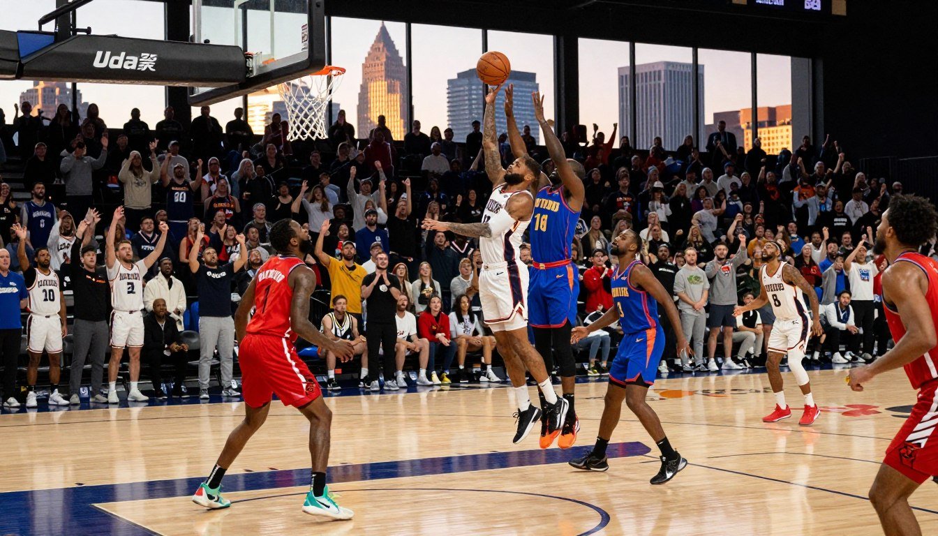 A dynamic basketball court scene capturing the essence of professional leagues' expansion in the United States. In the foreground, players in vibrant team uniforms engage in an intense game, showcasing athleticism and teamwork. One player is leaping for a slam dunk while another defends, embodying the spirit of competition. The middle ground highlights enthusiastic fans in the stands, wearing team jerseys and cheering, emphasizing the growing popularity of basketball. In the background, iconic American cityscapes can be seen through large arena windows, bathed in the warm glow of sunset lighting. The atmosphere is electric, filled with energy and passion for the sport, creating a sense of movement and excitement. Use a wide-angle lens to capture the full scope of the scene, with a focus on dynamic angles that enhance the action and camaraderie of the game.