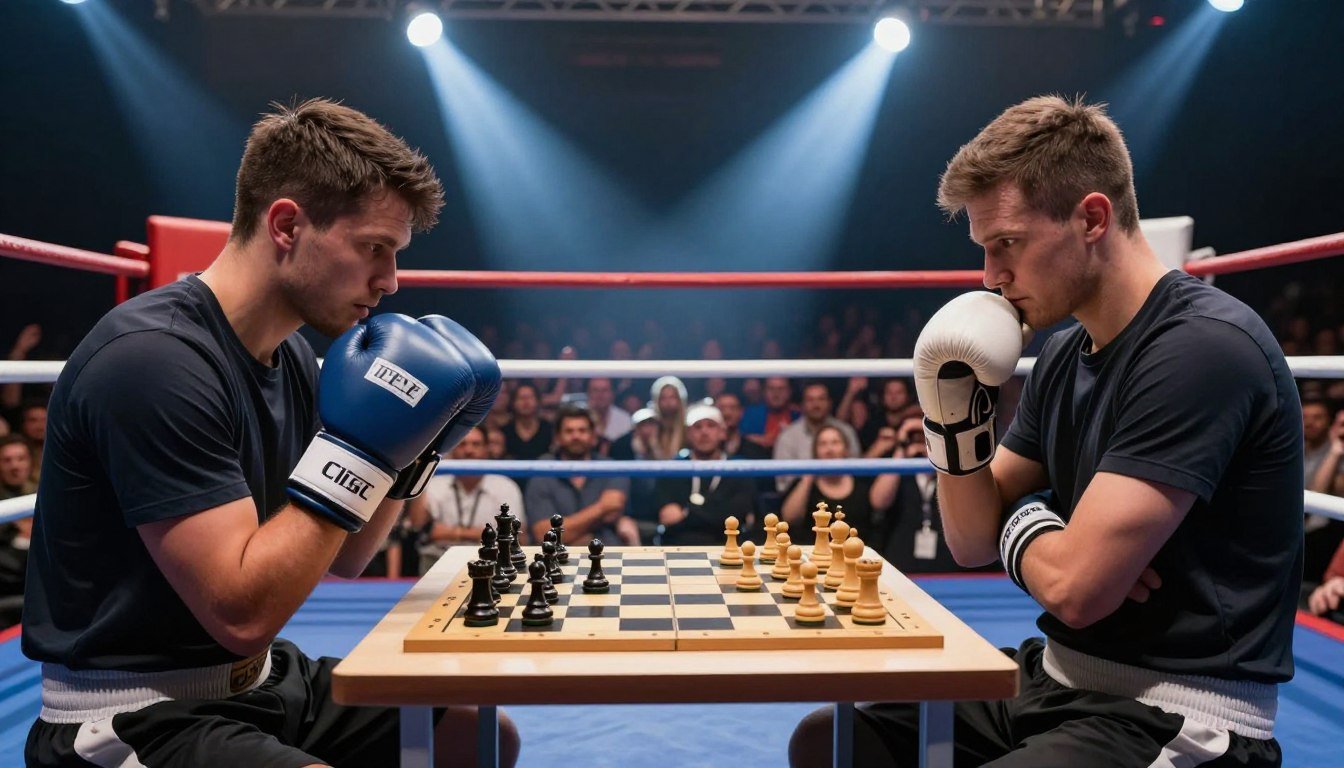 A dynamic chessboxing scene showcasing a competitive atmosphere in a boxing ring. In the foreground, two athletes—one wearing boxing gloves and the other deep in thought, arms crossed, studying a chessboard—represent the duality of the sport. The middle ground features a vibrant chessboard placed on a small table, with pieces in an intense mid-game position, surrounded by a cheering crowd. In the background, spotlights illuminate the ring, creating dramatic shadows that enhance the energy and focus of the moment. The lighting should be bright, conveying excitement, while the angle captures the intensity of both chess and boxing elements. The mood is one of determination and strategy, reflecting the essence of chessboxing.