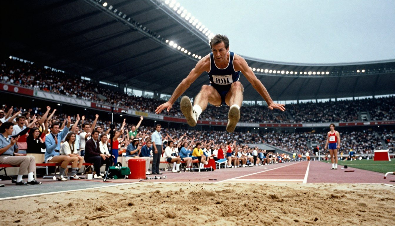 A dynamic scene capturing Bob Beamon mid-air during his legendary long jump at the 1968 Olympics. In the foreground, he is depicted with an intense expression, wearing a classic athletic uniform reflective of that era. His body is gracefully arched, showcasing the power and elegance of the jump. The middle ground features a broad jump pit, with the sand scattered and disturbed from his leap, emphasizing the distance he achieved. In the background, the stadium is filled with cheering spectators, their faces filled with awe and excitement, while bright lights illuminate the scene, casting dramatic shadows. The angle is slightly low, capturing the height of Beamon’s jump, and the atmosphere is charged with energy and anticipation, celebrating this historic athletic feat.