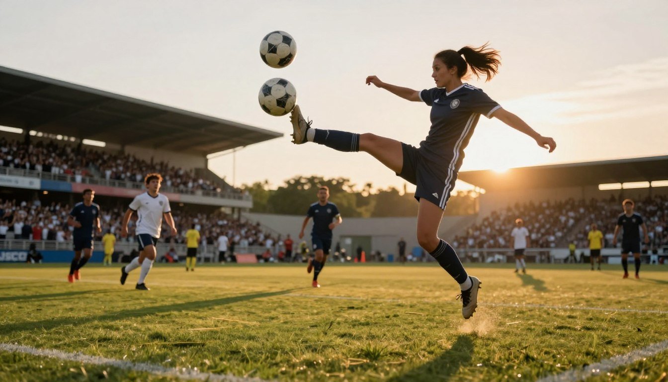 A dynamic soccer scene showcasing the execution of "La Chilena," an acrobatic soccer move. In the foreground, a male and female soccer player, dressed in modest athletic gear, are captured mid-air, performing the move with precision and grace. The male player, exhibiting strength, is about to strike the ball with his boot, while the female player balances gracefully, her hair flowing. In the middle ground, a grassy soccer field is alive with action, with blurred figures of teammates and opponents in motion, emphasizing the intensity of the moment. The background features a vibrant stadium filled with cheering fans under a late afternoon sunset, casting warm, golden light across the scene, creating a dramatic and exciting atmosphere. Use a low-angle shot to highlight the athleticism and artistry of the technique, while maintaining a clear focus on the players.