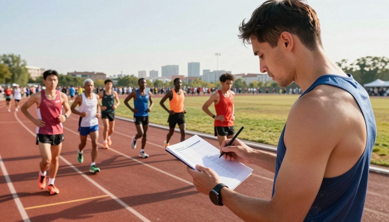 A focused athlete, in professional running gear, stands at the forefront on a track, preparing for a marathon. He is studying a detailed training plan on a digital device, highlighting advanced techniques and statistics. In the middle, a group of diverse runners practices in harmony, showcasing various training methods under bright sunlight. The background features a stunning view of a marathon route, complete with cheering crowds and distant cityscape. The atmosphere radiates determination and inspiration, with warm lighting enhancing the scene. Captured from a low angle to emphasize the athletes’ commitment, the composition evokes a sense of focus and the relentless pursuit of breaking human limits in marathon training.