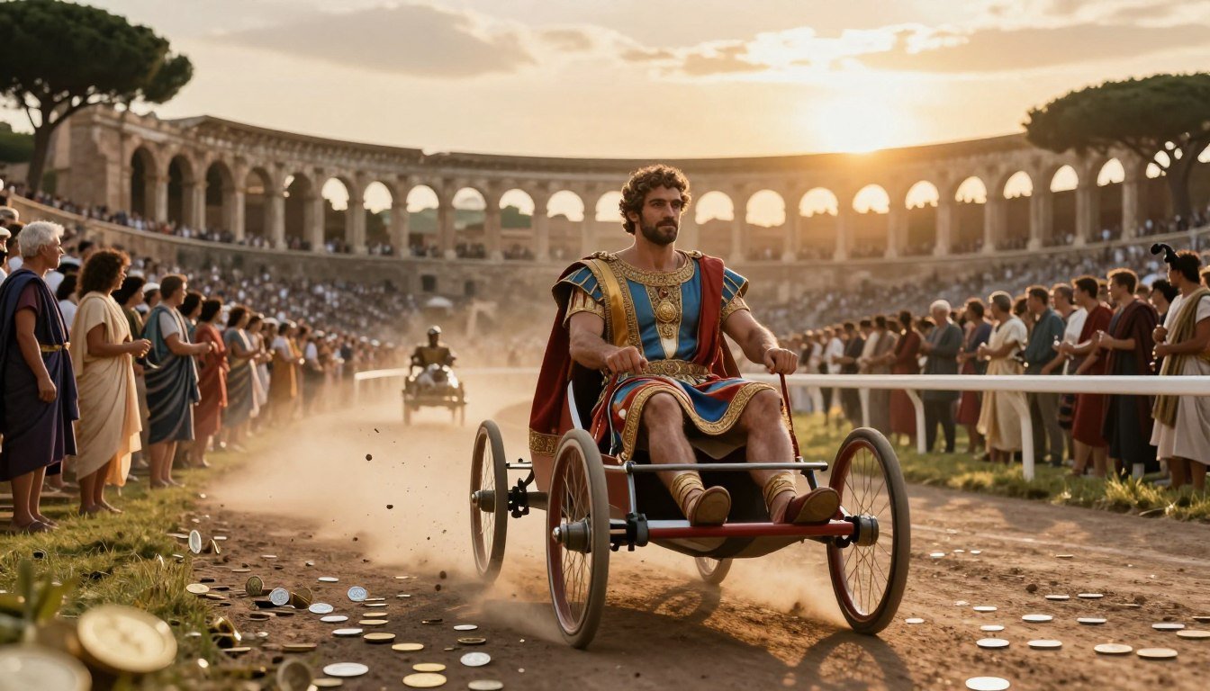 A grand Roman chariot racing scene featuring Gayo Apuleyo Diocles, the wealthy charioteer, at the forefront. He is depicted wearing an intricately designed tunic with luxurious colors, showing his status as the richest athlete of Rome. His confident expression conveys determination and triumph, with gold and silver coins symbolizing his vast fortune scattered around him. In the middle ground, the vibrant racing track is filled with spectators in togas, all captivated by the thrilling race. The background displays a magnificent Roman amphitheater under a warm golden sunset, casting a dramatic glow over the scene. Use a wide-angle lens to capture the expansive atmosphere, emphasizing the excitement and grandeur of ancient Rome, with a cinematic depth of field and dynamic lighting.