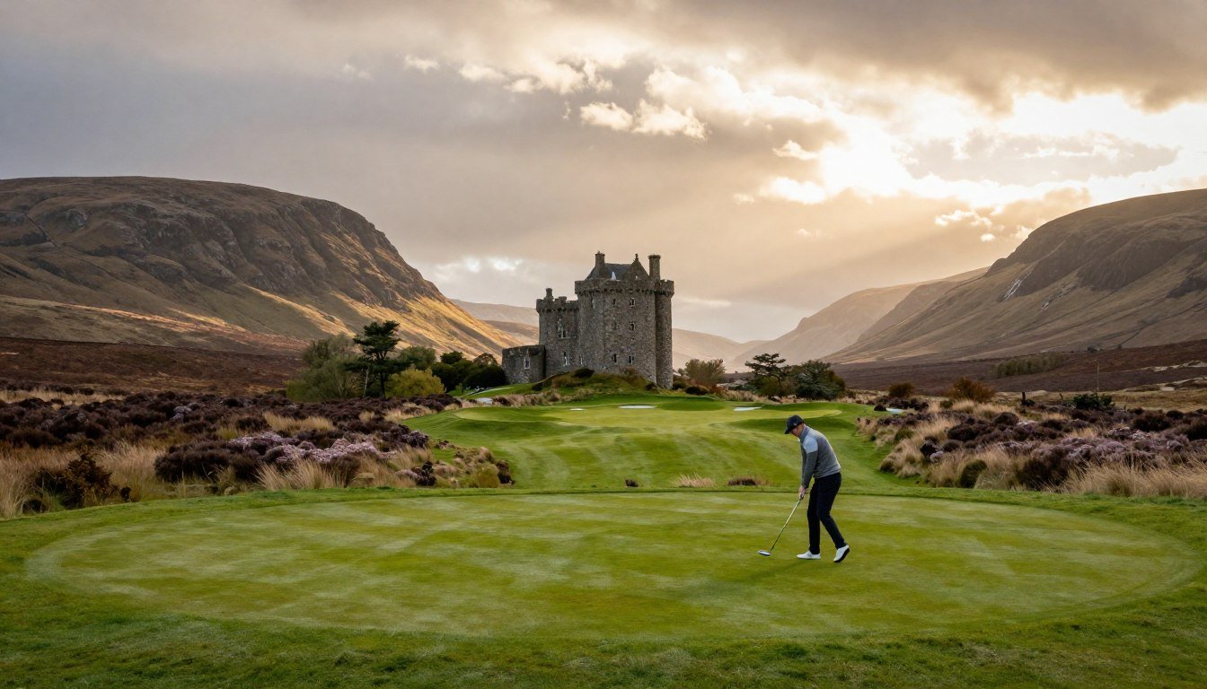 A picturesque Scottish landscape, capturing the origins of golf, featuring a traditional 18-hole golf course nestled among rolling hills. The foreground includes a lush green fairway, with a golfer dressed in modest casual clothing, concentrating on his swing. In the middle ground, an ancient stone castle stands proudly, surrounded by heather and wildflowers, enhancing the historical aspect. The background showcases the iconic Scottish Highlands under a dramatic sky with soft, golden sunlight breaking through clouds, creating a warm and inviting atmosphere. Use a wide-angle lens to encompass the expansive beauty of the scene, emphasizing depth and tranquility. The overall mood should evoke a sense of tradition and reverence for the rich heritage of golf in Scotland.