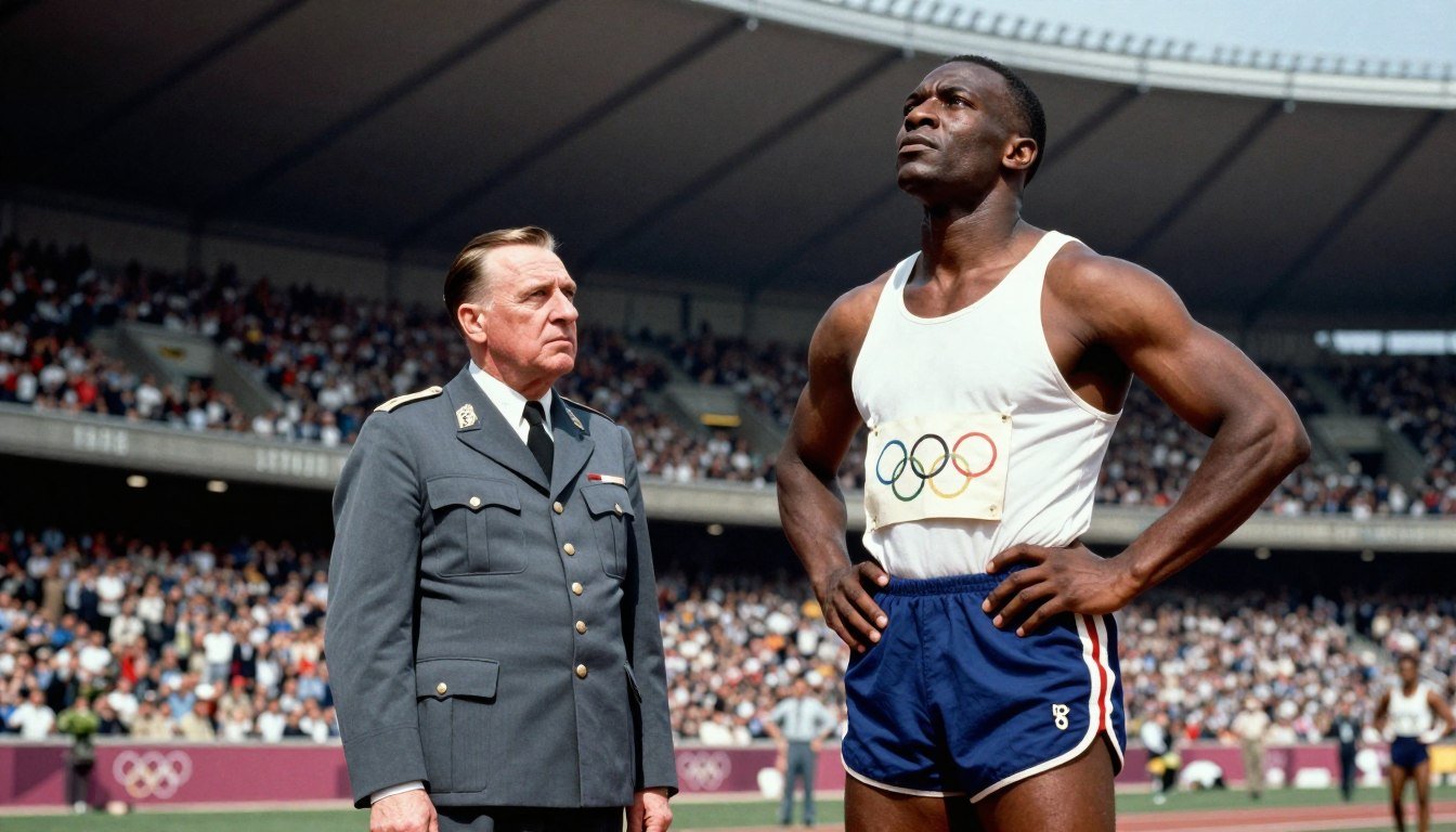 A powerful scene depicting the historic confrontation between Jesse Owens and Adolf Hitler during the 1936 Berlin Olympics. In the foreground, Jesse Owens, a muscular African American athlete in a vintage Olympic uniform, stands confidently with his head held high, embodying determination and pride. His posture exudes strength and defiance. In the middle ground, a stern Adolf Hitler, dressed in a crisp military uniform, gazes at Owens with a mixture of disdain and disbelief. The backdrop features the grandeur of the Olympic stadium filled with spectators, capturing a tense atmosphere. The lighting is dramatic, casting shadows to accentuate the intensity of the moment, while a slightly upward angle emphasizes Owens' victorious presence. The color palette is rich and vivid, enhancing the gravity and significance of this symbolic standoff against Nazi ideals.