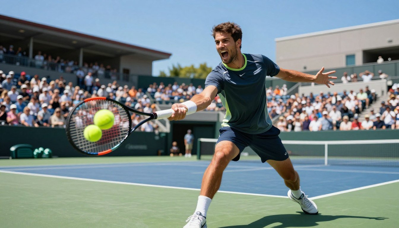 A professional tennis player in action, striking a powerful forehand stroke. The athlete, dressed in a fitted athletic outfit, displays a focused expression, capturing the intensity of the moment. The scene is set on a vibrant green tennis court, with a bright blue sky overhead and sunlight casting dynamic shadows. In the foreground, the player’s racket makes contact with a yellow tennis ball, which is slightly blurred to emphasize motion. In the middle ground, the tennis court is surrounded by cheering spectators, highlighting the excitement of the sport. The overall mood is energetic and passionate, conveying the physicality and emotional release that comes with the sport, as the player lets out a sharp, determined shout to enhance their performance. A professional tennis player in action, striking a powerful forehand stroke. The athlete, dressed in a fitted athletic outfit, displays a focused expression, capturing the intensity of the moment. The scene is set on a vibrant green tennis court, with a bright blue sky overhead and sunlight casting dynamic shadows. In the foreground, the player’s racket makes contact with a yellow tennis ball, which is slightly blurred to emphasize motion. In the middle ground, the tennis court is surrounded by cheering spectators, highlighting the excitement of the sport. The overall mood is energetic and passionate, conveying the physicality and emotional release that comes with the sport, as the player lets out a sharp, determined shout to enhance their performance.