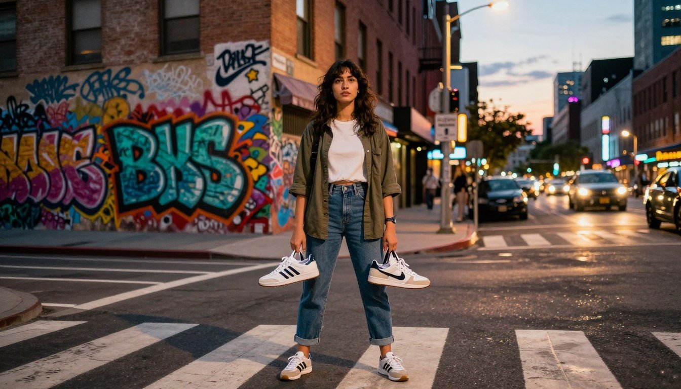 A split image capturing the dilemma of choosing between Adidas and Nike in a dynamic urban setting. In the foreground, feature a young adult woman dressed in stylish, modest casual clothing standing confidently at a crossroads, holding a pair of iconic sneakers from Adidas in one hand and Nike in the other. The middle ground presents a vibrant street scene with graffiti representing both brands artistically blending together. The background showcases a bustling cityscape at dusk, illuminated by colorful neon lights, reflecting a sense of urban culture. Use warm lighting to create an inviting yet tense atmosphere, emphasizing the choices at hand. Capture the scene with a wide-angle lens to encompass the setting while keeping the focus on the figure's thoughtful expression. A split image capturing the dilemma of choosing between Adidas and Nike in a dynamic urban setting. In the foreground, feature a young adult woman dressed in stylish, modest casual clothing standing confidently at a crossroads, holding a pair of iconic sneakers from Adidas in one hand and Nike in the other. The middle ground presents a vibrant street scene with graffiti representing both brands artistically blending together. The background showcases a bustling cityscape at dusk, illuminated by colorful neon lights, reflecting a sense of urban culture. Use warm lighting to create an inviting yet tense atmosphere, emphasizing the choices at hand. Capture the scene with a wide-angle lens to encompass the setting while keeping the focus on the figure's thoughtful expression.