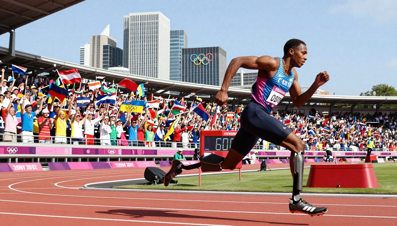A vibrant scene capturing the excitement of the 2012 London Olympics, focused on the atmosphere of a track and field event. In the foreground, an athlete with carbon fiber prosthetics is racing down the track, showcasing determination and athleticism. The middle ground features a cheering crowd in the stadium, holding flags and wearing colorful outfits, embodying a spirit of global unity and competition. The background presents the iconic London skyline with the Olympic rings displayed prominently. The lighting is bright and dynamic, emphasizing the energy of the event, with a slightly blurred motion effect on the athlete to convey speed. The angle is slightly low to highlight the athlete's prowess while capturing the grandeur of the event. The mood is inspirational and triumphant, celebrating the spirit of competition and perseverance.