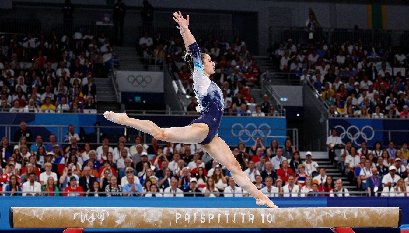 A visual tribute to Nadia Comaneci's perfect 10 in gymnastics, featuring a dynamic figure of a female gymnast in motion, performing a flawless routine on the balance beam. In the foreground, highlight her graceful pose, emphasizing strength and precision, with her outfit in a classic leotard design showcasing the artistry of gymnastics. The middle section should depict a dramatic Olympic arena filled with spectators, reacting in awe and excitement, capturing the emotion of the moment. The background features the iconic Olympic rings and vibrant banners, bathed in bright spotlighting to enhance the atmosphere of triumph. The scene is infused with a sense of history and inspiration, evoking feelings of admiration and legacy in the world of gymnastics.