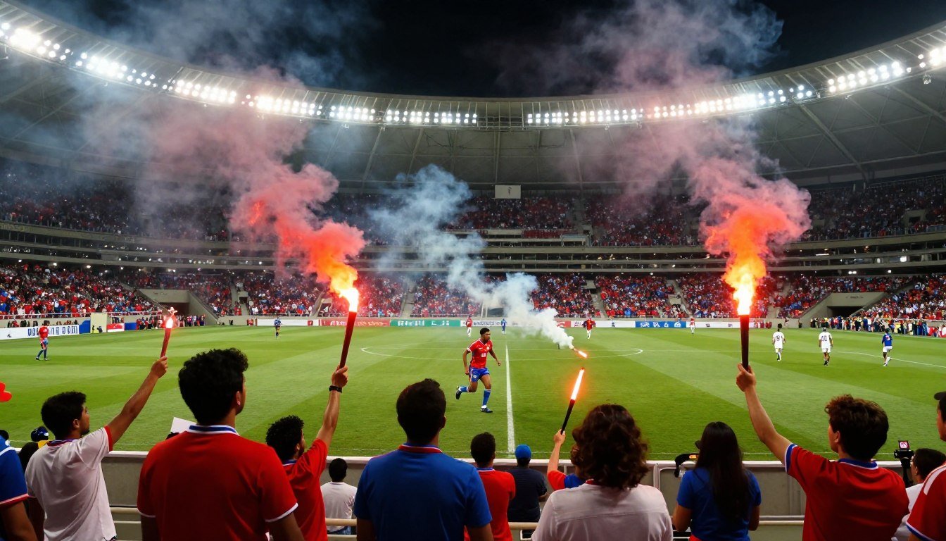 A vivid portrayal of the iconic Maracanã Stadium during the dramatic 1989 match, capturing a moment filled with tension and excitement. In the foreground, a dynamic scene of jubilant Chilean fans in modest casual attire, holding flares that emit bright red and orange smoke, symbolizing the fiery spirit of the game. The middle ground features players in action—one in a striking contrast to the uniform colors, exemplifying the moment of deception that led to the scandal. In the background, the grand stands of the Maracanã filled with spectators, backlit by the stadium lights casting an intense glow over the arena. The atmosphere is charged, reflecting anticipation and disbelief. Use a wide-angle lens to capture the scale, with dramatic lighting highlighting the players and fans in a theatrical, yet realistic style.