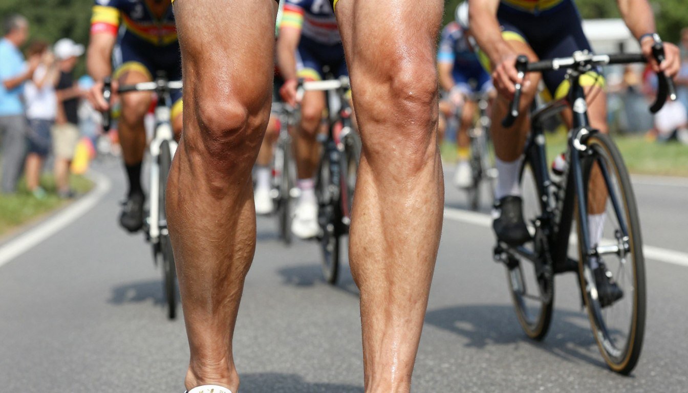 An artistic representation of a cyclist's legs with a focus on the historical practice of leg shaving in cycling. The foreground features a close-up of a muscular cyclist's legs, smooth and hairless, showing the intricate details of the skin and a light sheen to suggest recent grooming. In the middle ground, portray a blurred but identifiable group of cyclists in motion, emphasizing their aerodynamic postures and trimmed limbs. The background should depict a cycling race setting, with vibrant colors of the environment and cheering spectators, enhancing the competitive atmosphere. The lighting should be bright and natural, suggesting a sunny day, while the angle is slightly low to exaggerate the legs' prominence. The overall mood conveys tradition, dedication, and the sometimes painful choices athletes make for performance.