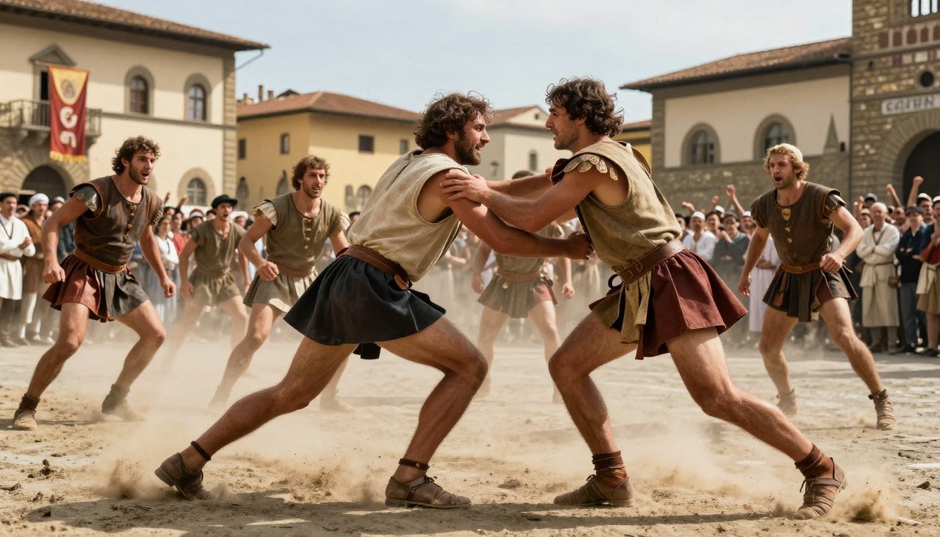 An intense scene from a historic Calcio Storico match in 16th century Florence, capturing a group of players engaged in a fierce, physical contest. In the foreground, two athletes grapple passionately; one is tackling while the other is attempting to score a point, both dressed in traditional, modest gladiatorial attire of the era. The middle ground shows other players, some cheering and others strategizing, their expressions filled with determination and excitement. The background reveals a crowded Florentine piazza, adorned with historic architecture and banners fluttering in the breeze, under warm daylight. A sense of chaos and vibrant energy fills the air, with dust rising from the ground and spectators animatedly watching the action unfold, all framed with a low-angle perspective to enhance the intensity of the moment.
