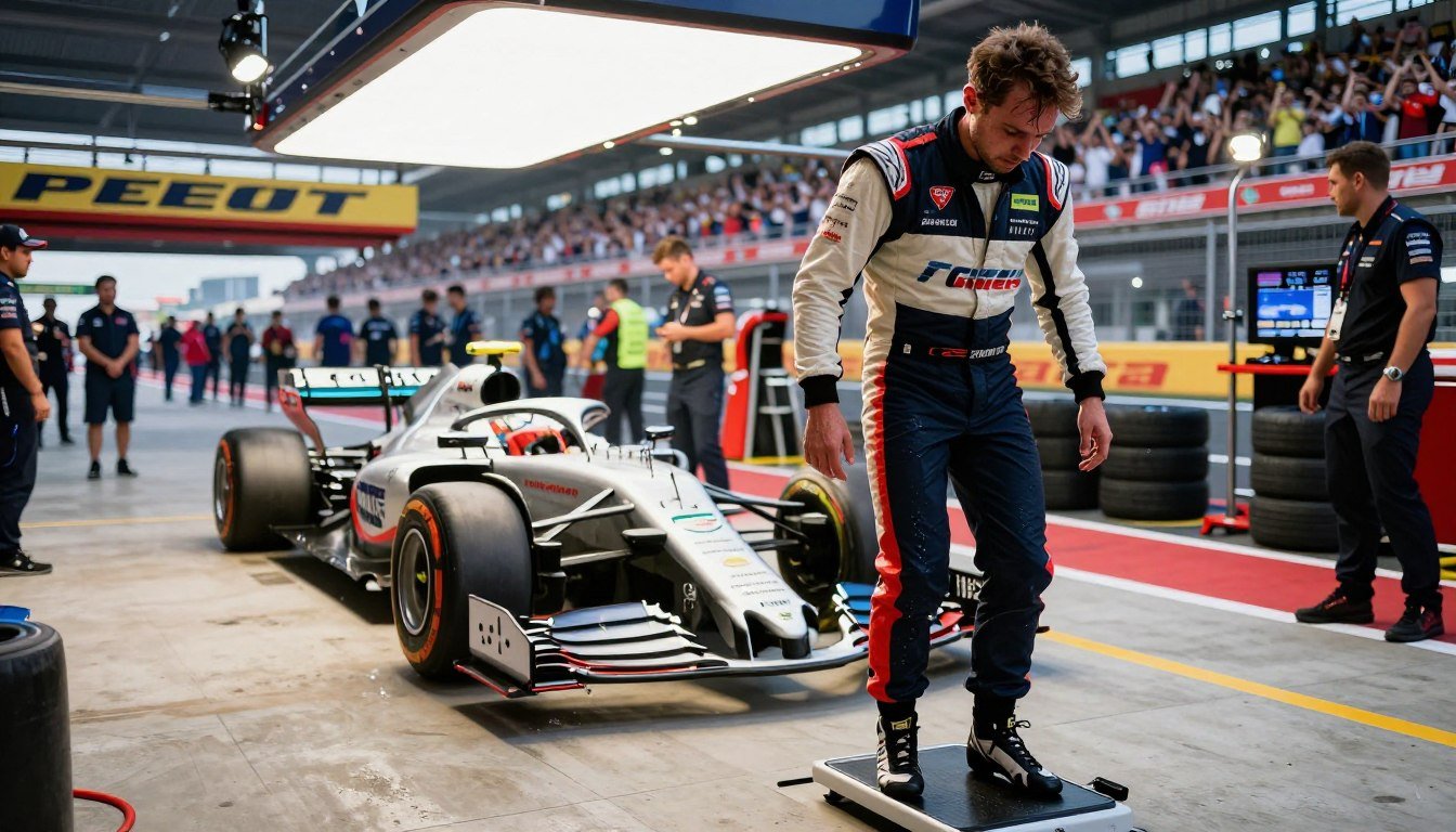A Formula 1 racing scene capturing the moment a pilot steps out of their high-performance car, showcasing the intense heat and stress of competition. In the foreground, a focused driver in a professional racing suit, drenched in sweat, stands on a scale designed for precise weight measurements, with visible muscle definition and determination on their face. In the middle ground, the sleek race car gleams under bright track lights, emphasizing its aerodynamic design. The background features a lively pit area with crew members, tools, and tire stacks, all under a vibrant racetrack with cheering fans. The atmosphere is electric, capturing the pressure and drama of the sport, with dynamic lighting that enhances the intensity. The angle is slightly low, providing a dramatic view of the scene.