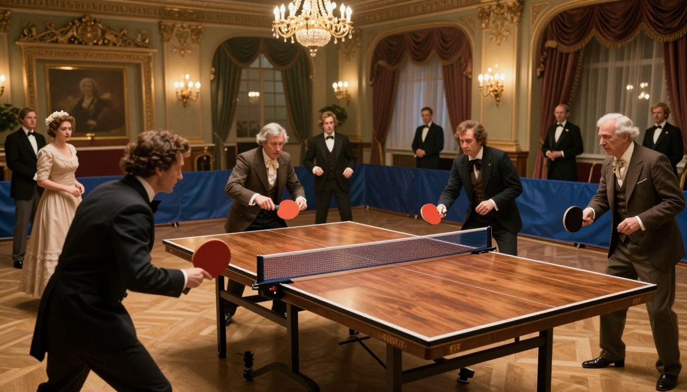 A beautifully depicted historical scene showcasing the evolution of table tennis. In the foreground, an elegant wooden table with a classic design, surrounded by aristocrats in modest, vintage formal attire, playing a game of Whiff-Whaff. The middle ground features contrasting elements, such as a modern table tennis setup with colorful paddles and a net, symbolizing the sport's evolution over time. In the background, a lavish ballroom setting with ornate decor, chandeliers hanging from the ceiling, illuminated by soft, warm lighting, creates an inviting and nostalgic atmosphere. Capture a sense of motion as the players engage, with one mid-swing, emphasizing the dynamic nature of the game. Use a slightly elevated angle to give a comprehensive view of the scene, ensuring a rich and immersive experience. A beautifully depicted historical scene showcasing the evolution of table tennis. In the foreground, an elegant wooden table with a classic design, surrounded by aristocrats in modest, vintage formal attire, playing a game of Whiff-Whaff. The middle ground features contrasting elements, such as a modern table tennis setup with colorful paddles and a net, symbolizing the sport's evolution over time. In the background, a lavish ballroom setting with ornate decor, chandeliers hanging from the ceiling, illuminated by soft, warm lighting, creates an inviting and nostalgic atmosphere. Capture a sense of motion as the players engage, with one mid-swing, emphasizing the dynamic nature of the game. Use a slightly elevated angle to give a comprehensive view of the scene, ensuring a rich and immersive experience.