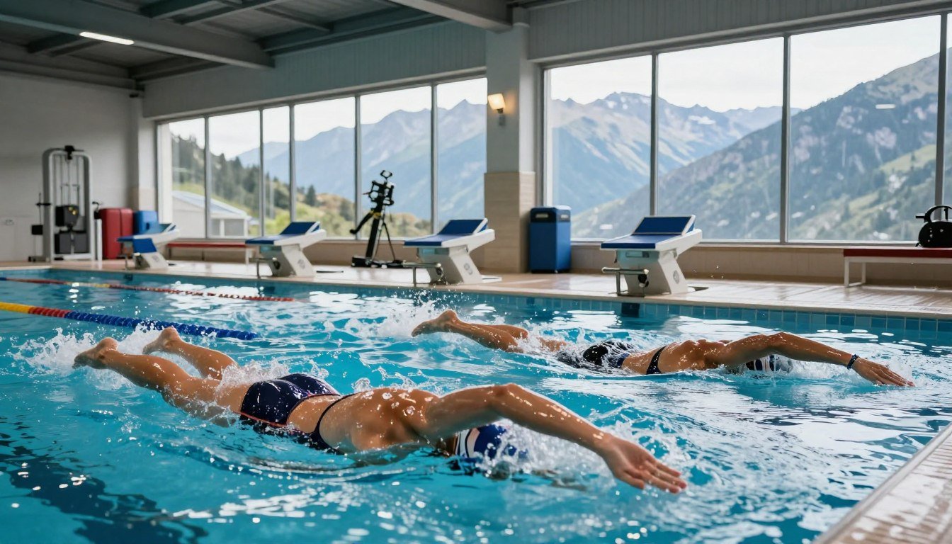 A captivating indoor swimming training environment showcasing elite swimmers engaged in physiological drills at high altitude. In the foreground, two swimmers, one with a long torso and short legs, demonstrating streamlined movements in the water, wearing professional swim attire. In the middle ground, a high-tech training area with training equipment and altitude simulation tools. In the background, large windows displaying a stunning view of a mountainous landscape to emphasize the high-altitude setting. The lighting is bright and dynamic, highlighting the swimmers’ muscular development and focused expressions. The atmosphere is intense yet inspiring, capturing the dedication of athletes training for peak performance in challenging environments.