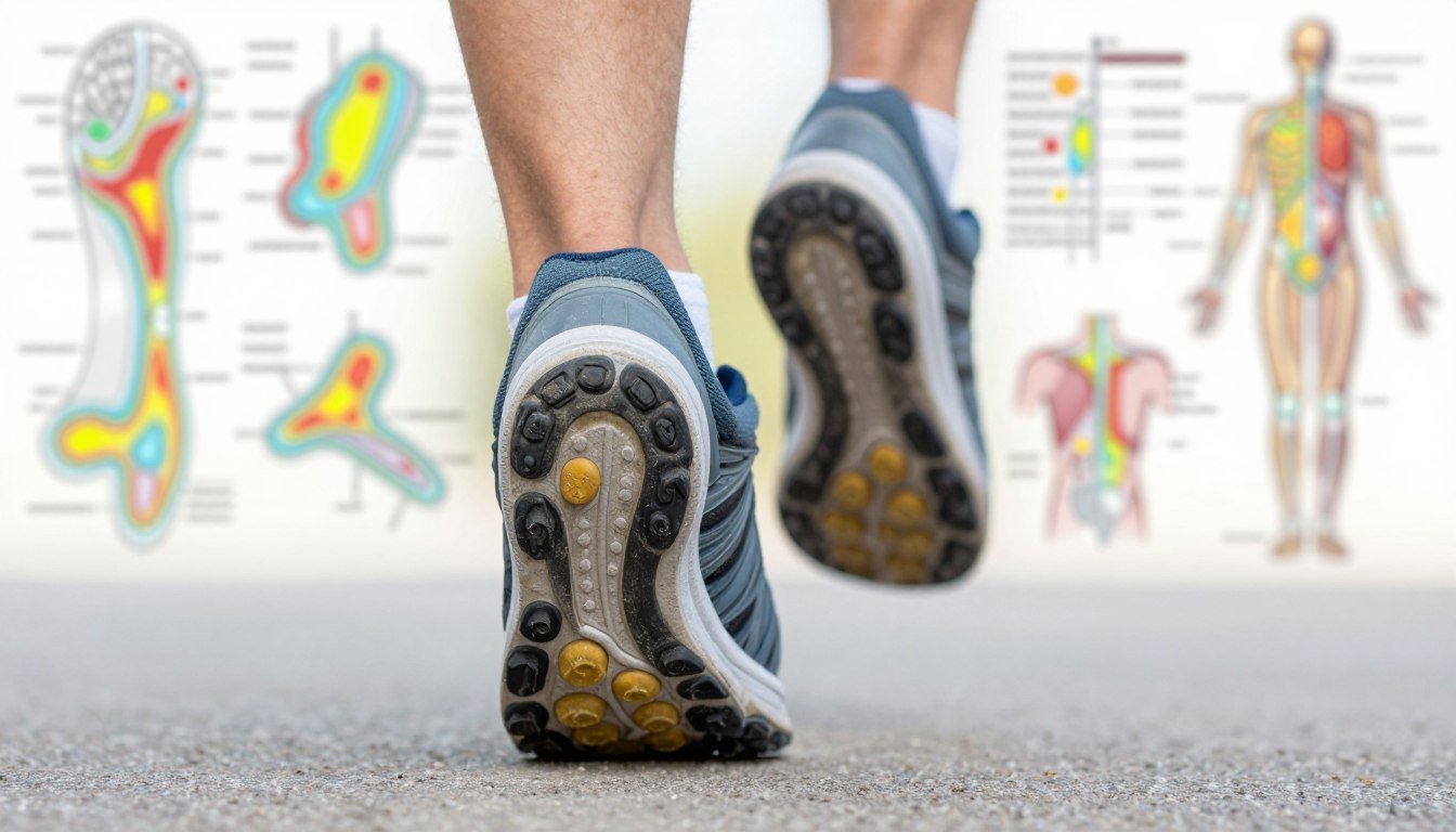 A close-up view of a human foot in a running shoe, showcasing the pressure points on the sole and heel while running. The foreground highlights the intricate details of the shoe's grip on the pavement, with visible wear patterns indicating frequent use. In the middle ground, a dynamic motion blur captures the foot in mid-stride, emphasizing the biomechanics of foot movement. The background features an abstract representation of scientific diagrams related to biomechanics, like pressure maps and anatomical sketches, softly blurred to keep the focus on the foot. The lighting is bright and natural, simulating an outdoor running environment, creating an energetic and informative atmosphere. The overall mood conveys a sense of scientific exploration and understanding of foot mechanics in running.