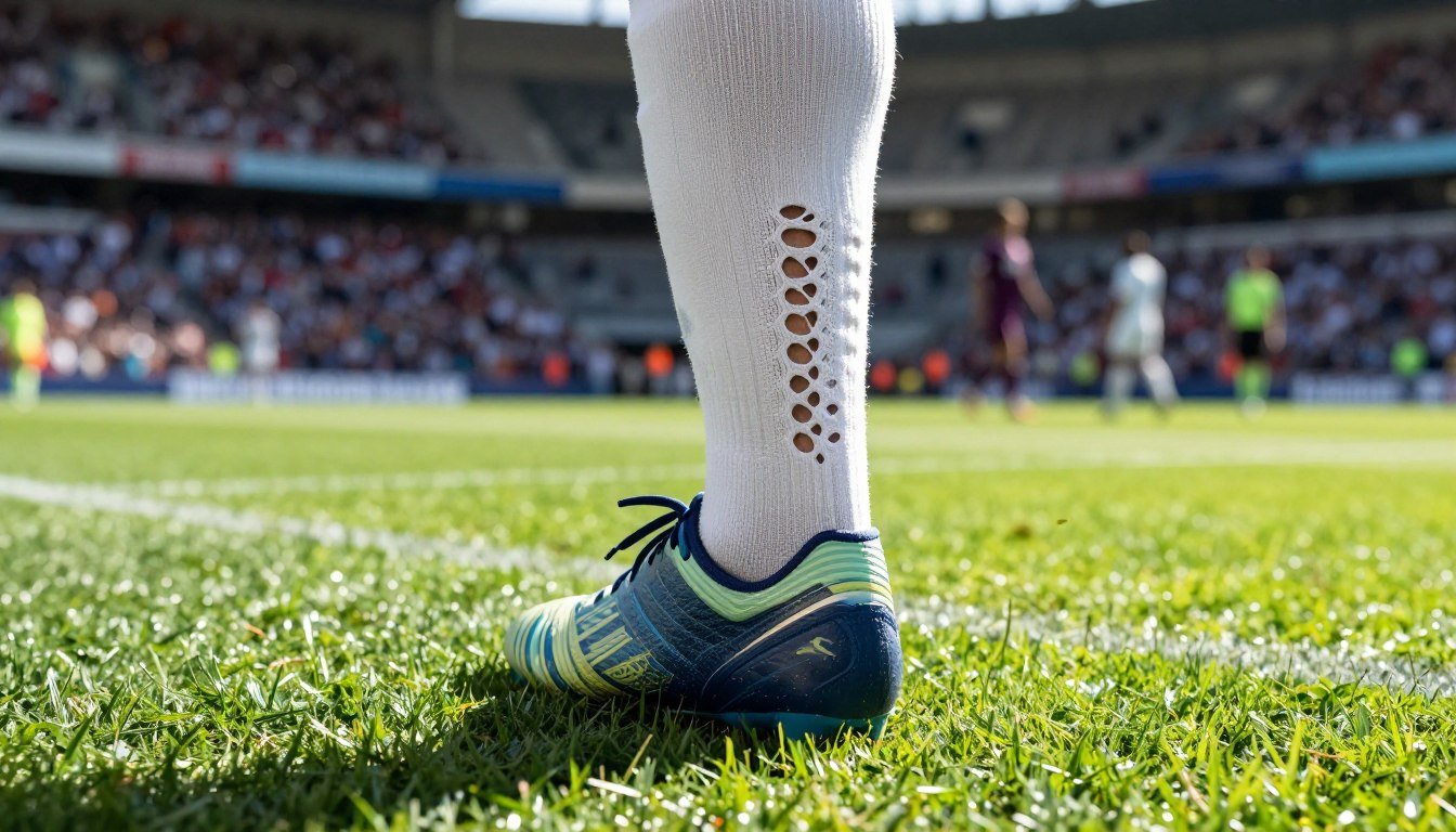 A close-up view of a soccer player's foot in action on the field, showcasing a sock with carefully cut holes at the back. The foreground features the textured turf, highlighting the vibrant green grass in sharp detail. The middle ground focuses on the foot, wearing a sleek soccer shoe, with emphasis on the unique design of the sock revealing the cutouts. The background is a blurred image of a soccer stadium, filled with cheering fans, adding to the energetic atmosphere of the scene. The lighting is bright and dynamic, replicating a sunny day during a match, casting natural shadows. The overall mood is one of excitement and innovation, representing the balance of benefits and risks associated with this trend among athletes. A close-up view of a soccer player's foot in action on the field, showcasing a sock with carefully cut holes at the back. The foreground features the textured turf, highlighting the vibrant green grass in sharp detail. The middle ground focuses on the foot, wearing a sleek soccer shoe, with emphasis on the unique design of the sock revealing the cutouts. The background is a blurred image of a soccer stadium, filled with cheering fans, adding to the energetic atmosphere of the scene. The lighting is bright and dynamic, replicating a sunny day during a match, casting natural shadows. The overall mood is one of excitement and innovation, representing the balance of benefits and risks associated with this trend among athletes.