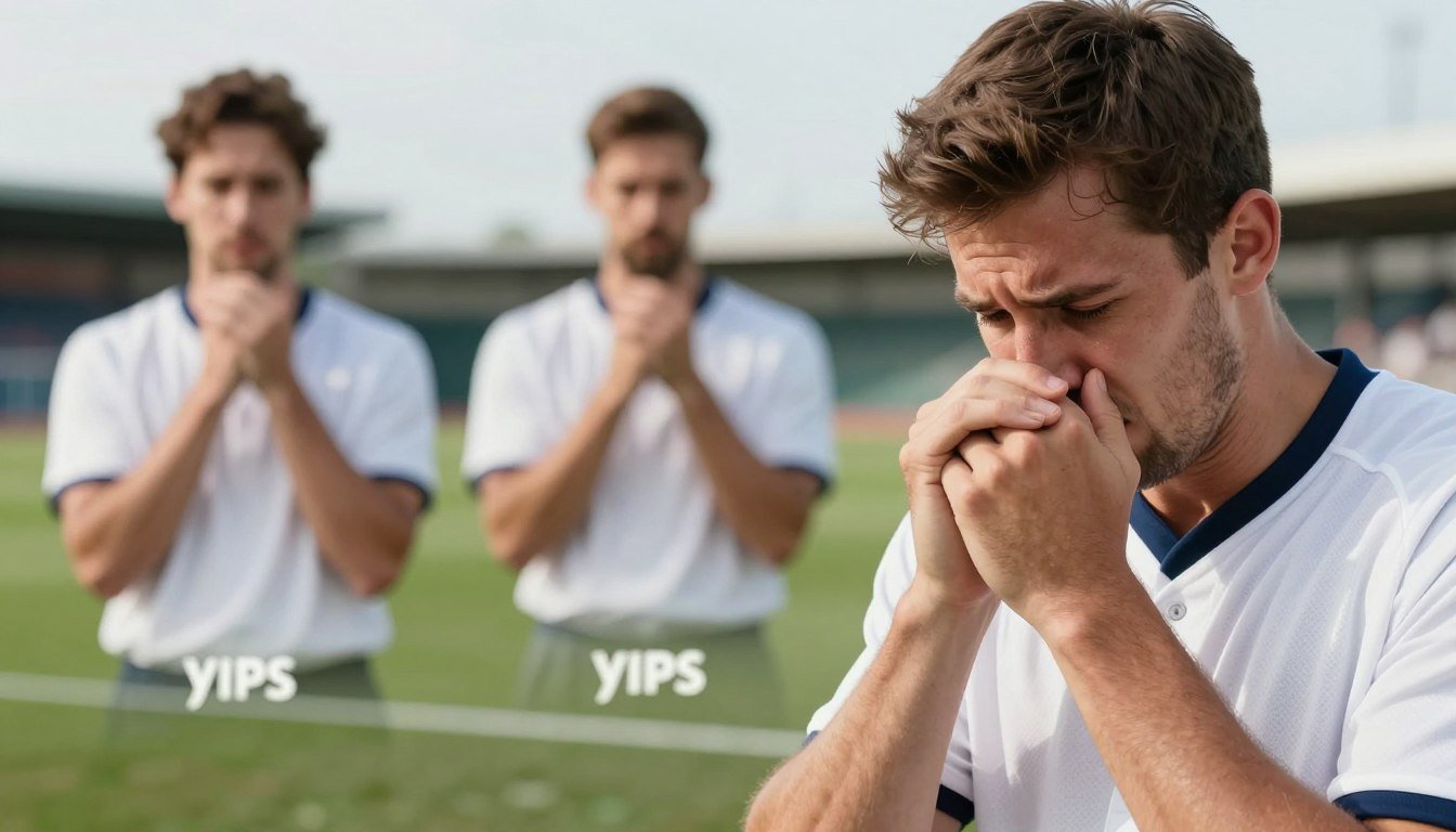 A conceptual illustration depicting the symptoms and warning signs of the yips in athletes. In the foreground, a close-up of a distressed athlete, dressed in a professional sports uniform, gripping their sports equipment tightly with a look of frustration and confusion on their face. In the middle layer, visually represent common symptoms such as trembling hands, a blank expression, and a defeated posture, suggesting a mental block. The background should feature a blurred sports field or court under soft, natural lighting, symbolizing the setting where these feelings can occur. The overall mood of the image should evoke a sense of tension and unease, capturing the psychological struggle faced by athletes experiencing the yips.