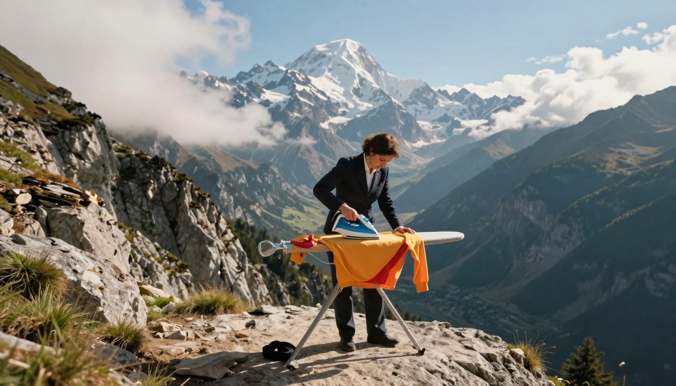 A daring extreme ironing scene set in an unusual location, featuring a person in professional attire smoothly ironing a vibrant shirt on top of a rugged mountain cliff, overlooking a breathtaking valley. In the foreground, the individual is focused and balanced, with their iron humming as they press the fabric. The middle ground reveals the steep rocky terrain with patches of grass and a few clouds drifting overhead. In the background, majestic snow-capped peaks rise against a bright blue sky. Soft sunlight casts dynamic shadows, adding depth to the atmosphere, while warm sunlight highlights the brightness of the ironed shirt. The mood is adventurous and lighthearted, capturing the essence of extreme sports in a whimsical way.