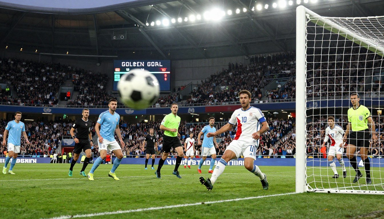 A detailed analysis of the "golden goal" rule in soccer during a tense extra time match. In the foreground, a soccer ball dramatically swerves towards the net, surrounded by players in professional uniforms, showing intense focus and determination. The middle ground features a scoreboard displaying the tense score, and a referee capturing the moment with a watchful eye. In the background, a vibrant stadium under bright floodlights, filled with cheering fans, creates an electrifying atmosphere. The image should have dynamic lighting that highlights the players' expressions and the motion of the ball. Capture a sense of urgency and pivotal moments in the game, emphasizing the importance of this controversial rule in soccer history.