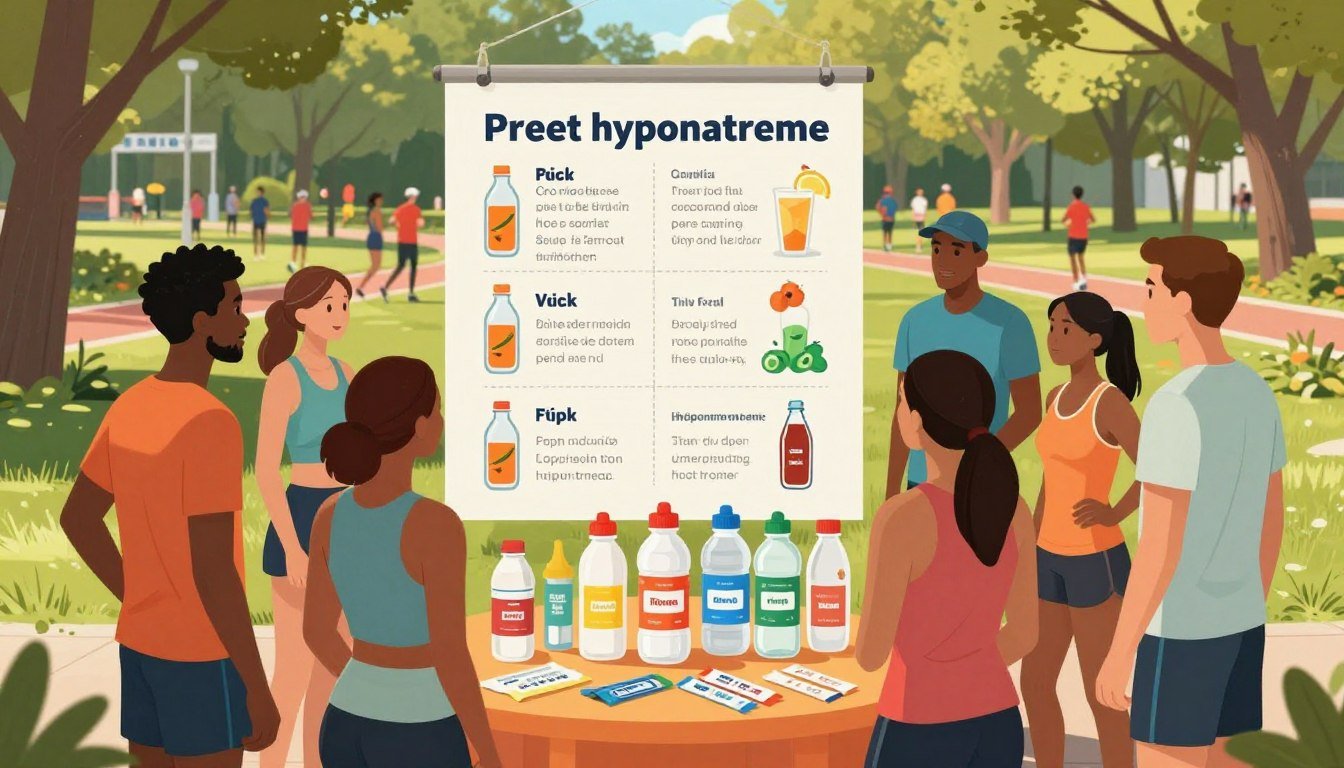 A detailed illustration of a personalized hydration plan for runners, focused on preventing hyponatremia. In the foreground, a diverse group of runners in modest athletic clothing gathers around a large, illustrated hydration chart featuring various drink options and hydration tips. In the middle, show an assortment of hydration bottles and electrolyte packets displayed on a vibrant table. The background includes a sunny park scene with trees, running paths, and distant spectators enjoying a race. Soft, warm lighting enhances the lively atmosphere. The composition captures a sense of community and preparation, evoking determination and health awareness.