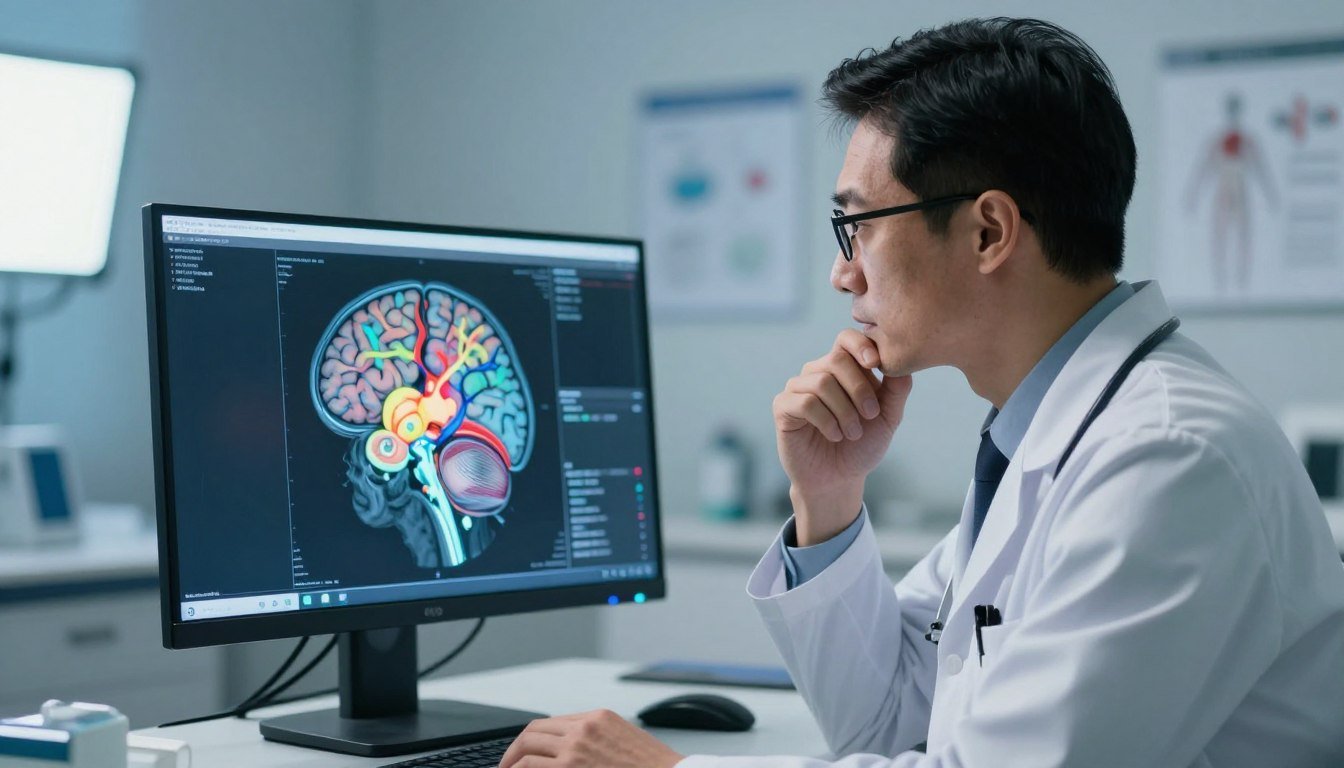 A detailed medical analysis of brain health in the context of impacts, featuring a professional-looking male doctor in a white lab coat, examining a high-resolution 3D brain scan on a digital monitor. In the foreground, the doctor is focused, with a thoughtful expression, wearing glasses and standing beside the monitor displaying neural pathways affected by trauma. The middle layer showcases the monitor, which highlights brain sections illuminated in vibrant colors, illustrating the areas impacted by concussions. The background is softly blurred, depicting a clinical examination room with medical charts on the wall and a light box illuminating the space with a cool, clinical light, creating a serious and informative atmosphere. The composition captures the gravity of medical analysis related to cerebral health following physical impacts.