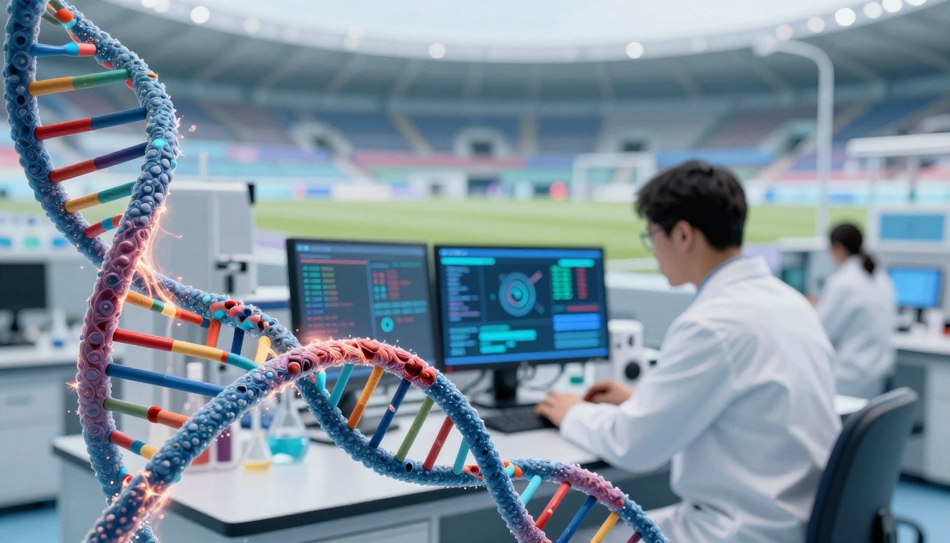 A detailed representation of genetic therapy in the context of sports performance enhancement. In the foreground, an abstract representation of DNA strands interwoven with athletic imagery, showcasing muscles and energy bursts. In the middle ground, a laboratory setting with scientists in professional attire analyzing data on digital screens, highlighting innovation and research in gene therapy. The background features a futuristic, blurred image of an Olympic stadium, symbolizing the intersection of science and sports. Use bright, clinical lighting to evoke a sense of advancement and hope, with a slight lens blur to focus on the foreground elements. The mood should convey both intrigue and a hint of controversy, reflecting the ongoing debate in sports.