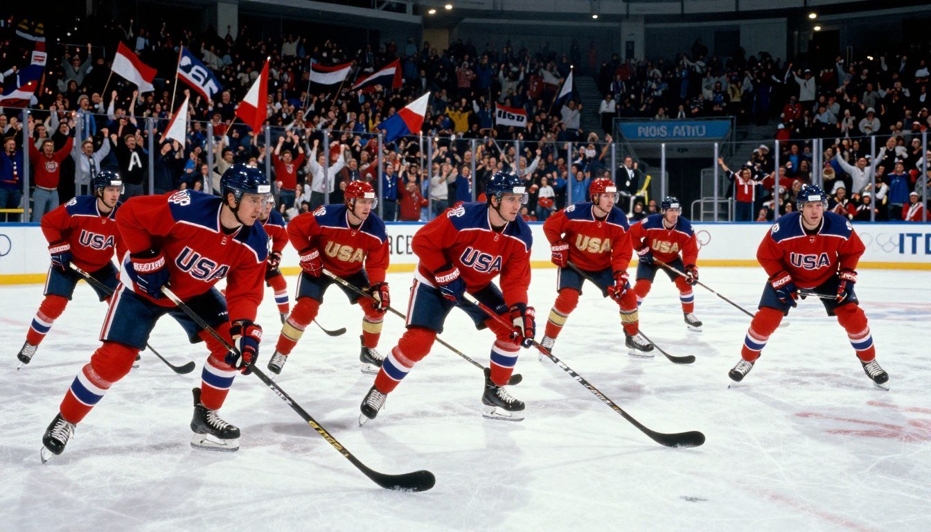 A dramatic ice hockey scene featuring the USA and USSR teams in full gear on a snowy rink, capturing the intensity of competition during the 1980 Winter Olympics. In the foreground, USA players in bright red and blue jerseys are aggressively skating towards the camera, showcasing their determination with focused expressions. The middle ground showcases the USSR team in striking red and gold uniforms, poised in a defensive stance, symbolizing their formidable legacy. The background features a packed arena with cheering fans waving flags, illuminated by bright overhead lights casting dynamic shadows across the ice. The atmosphere is electric, filled with tension and excitement, emphasizing the high stakes of this historic match. The perspective is slightly low, giving prominence to the players and the action, evoking a sense of rivalry and pride.