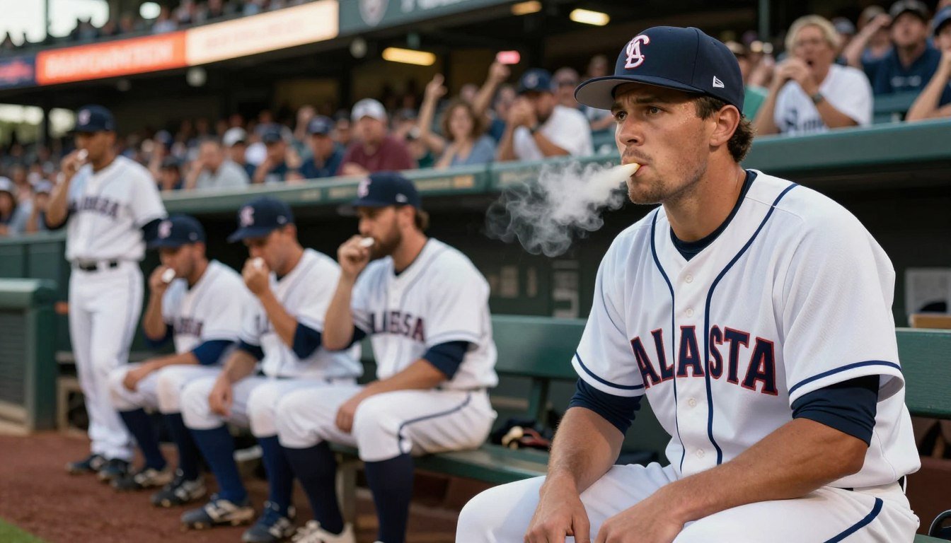 A dramatic scene in a baseball stadium where players are on the field, some spitting out tobacco, while others chew gum, showcasing the consequences of tobacco use. In the foreground, a focused baseball player in a traditional uniform, with a mixture of chewing gum and tobacco in his mouth, looks concerned as he gazes toward the pitcher. The middle ground features a few teammates on the bench, with some visibly coughing, while others look at their chewing gum thoughtfully. In the background, the crowd is partially blurred, with a mix of excitement and apprehension, illuminated by warm stadium lights at dusk. The atmosphere is tense, highlighting the internal conflict of tradition versus health risks in baseball. A dramatic scene in a baseball stadium where players are on the field, some spitting out tobacco, while others chew gum, showcasing the consequences of tobacco use. In the foreground, a focused baseball player in a traditional uniform, with a mixture of chewing gum and tobacco in his mouth, looks concerned as he gazes toward the pitcher. The middle ground features a few teammates on the bench, with some visibly coughing, while others look at their chewing gum thoughtfully. In the background, the crowd is partially blurred, with a mix of excitement and apprehension, illuminated by warm stadium lights at dusk. The atmosphere is tense, highlighting the internal conflict of tradition versus health risks in baseball.