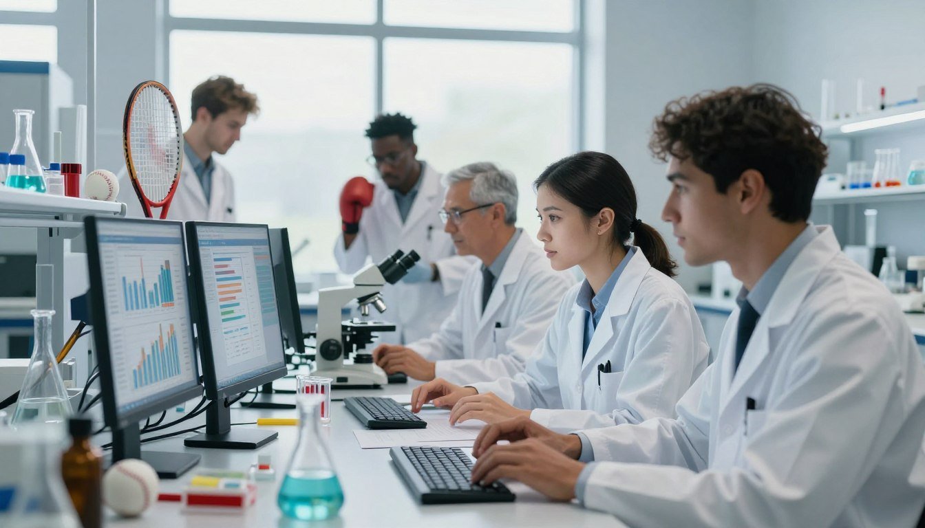 A dynamic and intriguing illustration showcasing the scientific advantage of left-handed athletes in sports like boxing, tennis, and baseball, set in a modern research laboratory. In the foreground, show a diverse group of scientists, dressed in professional business attire, focused on analyzing data on a computer screen displaying bar graphs and charts about left-handed athletes’ performance. In the middle ground, include scientific equipment such as microscopes and test tubes, surrounded by sports memorabilia like tennis rackets and baseballs. The background should feature a large window with natural light streaming in, creating a bright and innovative atmosphere. Use a slight depth of field effect to draw attention to the scientists while keeping the laboratory environment clear and detailed, evoking a sense of curiosity and exploration in the realm of sports science.