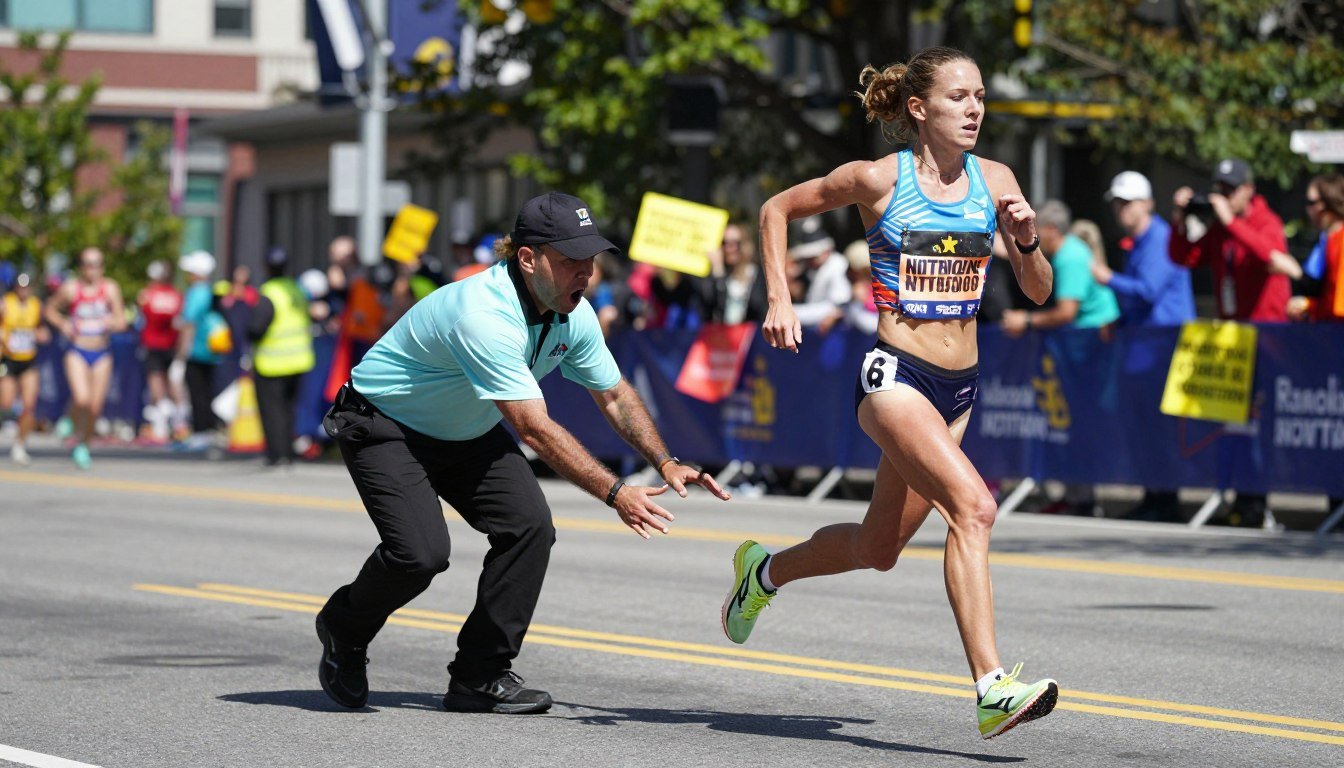 A dynamic scene capturing the pivotal moment of a woman athlete running in the Boston Marathon, with determination on her face as she skillfully evades a race organizer trying to remove her from the course. In the foreground, the athlete, dressed in a modest yet colorful athletic outfit, is in mid-stride, showcasing her athleticism and resilience. The middle ground features the startled organizer, slightly bent with urgency, wearing a race official’s uniform, with a backdrop of cheering spectators holding colorful signs. The background is a blurred representation of the iconic Boston Marathon route, lined with trees and buildings under a bright blue sky. The lighting is bright and vibrant, highlighting the energy and tension of the moment, shot from a low angle to emphasize the athlete's determination and the dramatic nature of the incident. A dynamic scene capturing the pivotal moment of a woman athlete running in the Boston Marathon, with determination on her face as she skillfully evades a race organizer trying to remove her from the course. In the foreground, the athlete, dressed in a modest yet colorful athletic outfit, is in mid-stride, showcasing her athleticism and resilience. The middle ground features the startled organizer, slightly bent with urgency, wearing a race official’s uniform, with a backdrop of cheering spectators holding colorful signs. The background is a blurred representation of the iconic Boston Marathon route, lined with trees and buildings under a bright blue sky. The lighting is bright and vibrant, highlighting the energy and tension of the moment, shot from a low angle to emphasize the athlete's determination and the dramatic nature of the incident.