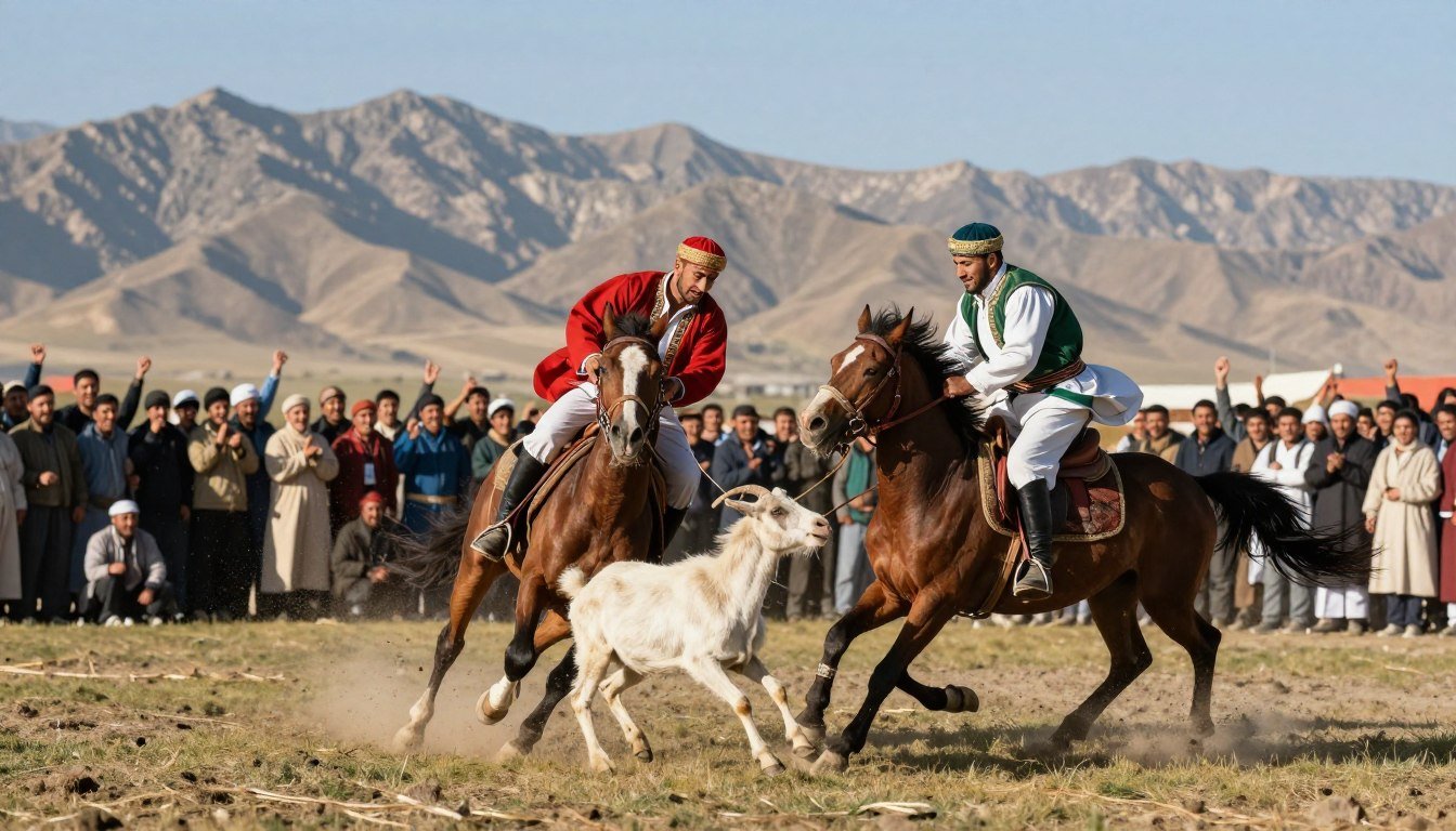 A dynamic scene depicting an intense game of Buzkashi, the traditional Afghan sport, in an open field. In the foreground, two skilled horse riders, clad in vibrant traditional Afghan clothing, fiercely compete for control of a decapitated goat. One rider leans forward, muscles taut, while the other pulls back, showcasing determination and strategy. In the middle ground, a group of enthusiastic spectators dressed in modest casual clothing cheer, adding to the energy of the event. The background features rugged mountains under a bright blue sky, hinting at the Afghan landscape. The scene is illuminated by warm sunlight, creating dramatic shadows and enhancing the thrilling atmosphere of this unique sport, evoking a sense of tradition and cultural pride.