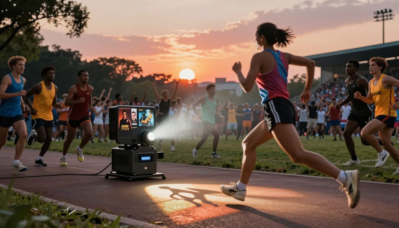 A dynamic scene showcasing the influence of cinema on sports myths, featuring a diverse group of athletes in a vibrant urban park setting. In the foreground, a determined runner, wearing stylish sports attire, is mid-stride, surrounded by a soft blur of motion, symbolizing the "second wind." In the middle ground, a cinematic projector emits light, casting iconic sports movie posters and shadows on the ground, evoking nostalgia. The background features a sunset sky, with silhouettes of cheering crowds and stadiums, creating an energetic atmosphere. The lighting is warm, enhancing the dramatic effect, and the angle is slightly low, emphasizing the athletes' triumph. The overall mood is inspirational and engaging, reflecting the connection between sports and film. A dynamic scene showcasing the influence of cinema on sports myths, featuring a diverse group of athletes in a vibrant urban park setting. In the foreground, a determined runner, wearing stylish sports attire, is mid-stride, surrounded by a soft blur of motion, symbolizing the "second wind." In the middle ground, a cinematic projector emits light, casting iconic sports movie posters and shadows on the ground, evoking nostalgia. The background features a sunset sky, with silhouettes of cheering crowds and stadiums, creating an energetic atmosphere. The lighting is warm, enhancing the dramatic effect, and the angle is slightly low, emphasizing the athletes' triumph. The overall mood is inspirational and engaging, reflecting the connection between sports and film.
