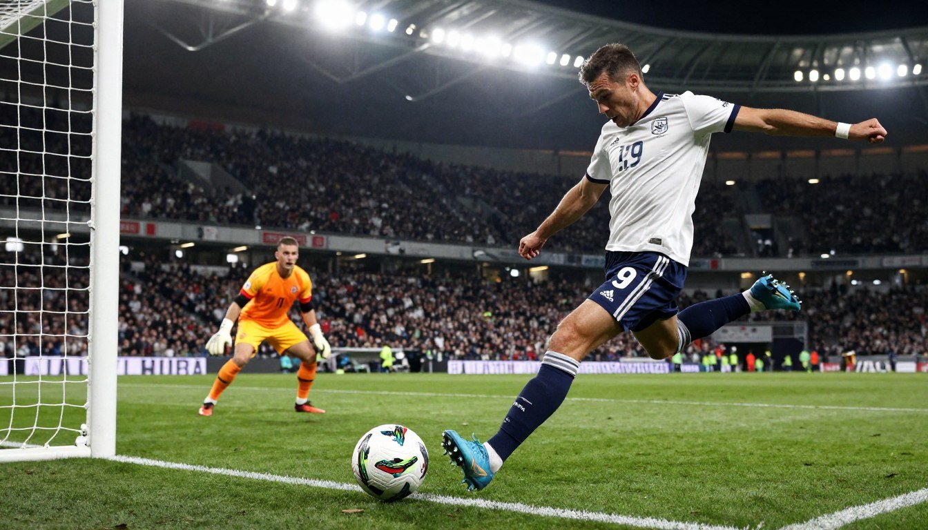 A dynamic soccer scene depicting a player in mid-kick as he prepares to take a penalty shot, showcasing the precision technique essential for scoring. In the foreground, the player is dressed in a professional soccer kit, intensely focused, with determination evident in his posture and facial expression. The soccer ball is perfectly positioned at the edge of the penalty area, highlighting the key moment. The middle ground features a goalkeeper in a ready stance, wearing vibrant, contrasting colors to emphasize the duel. The background reveals a packed stadium under bright floodlights, capturing the excitement and tension of the moment. The lighting showcases sharp contrasts, illuminating the player and ball while casting dramatic shadows, creating a sense of urgency and high stakes. The atmosphere is electric, embodying the thrill of a penalty kick and the art of mastering precision in soccer.