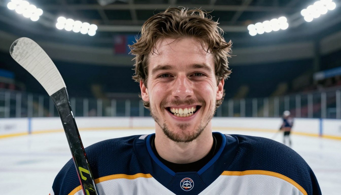 A professional ice hockey player with a broad grin, showcasing a distinctive gap where his front teeth used to be. He wears a team jersey, emphasizing the sport, while holding a hockey stick, illustrating his fierce passion for the game. The background features an ice rink, bathed in bright, overhead arena lights that reflect off the glossy surface. The player's hair is slightly tousled, and his facial expression conveys a mix of pride and toughness, encapsulating the spirit of the sport. Use a close-up angle to focus on the player's face and ice hockey gear, creating an intimate yet dynamic feel. The atmosphere radiates a sense of camaraderie and resilience, highlighting the unique nature of ice hockey. A professional ice hockey player with a broad grin, showcasing a distinctive gap where his front teeth used to be. He wears a team jersey, emphasizing the sport, while holding a hockey stick, illustrating his fierce passion for the game. The background features an ice rink, bathed in bright, overhead arena lights that reflect off the glossy surface. The player's hair is slightly tousled, and his facial expression conveys a mix of pride and toughness, encapsulating the spirit of the sport. Use a close-up angle to focus on the player's face and ice hockey gear, creating an intimate yet dynamic feel. The atmosphere radiates a sense of camaraderie and resilience, highlighting the unique nature of ice hockey.