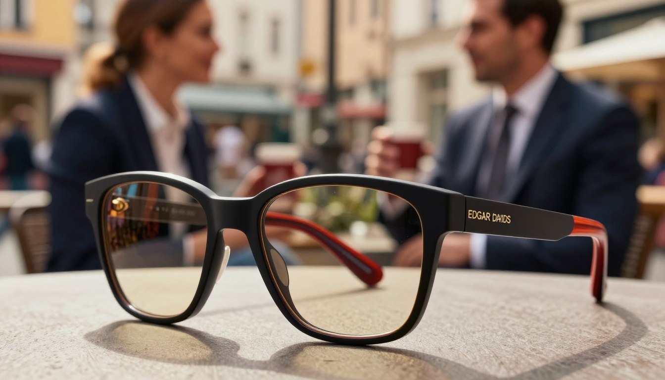 A stylish close-up of iconic sports glasses inspired by Edgar Davids, showcasing a sleek, modern design with bold colors and unique geometric shapes. The glasses should reflect a fusion of athleticism and high fashion, with a glossy finish that catches the light. The foreground features the glasses prominently displayed on a textured surface, enhancing their design details. In the middle ground, softly blurred figures of people in professional attire engage in casual discussions, emphasizing a fashionable atmosphere. The background includes a vibrant, energetic urban environment, hinting at a bustling streetscape. The overall mood conveys confidence and sophistication, illuminated by warm, natural lighting that enhances the colors. Ensure the image is clear, with a sharp focus on the glasses, and devoid of any overlay or text.