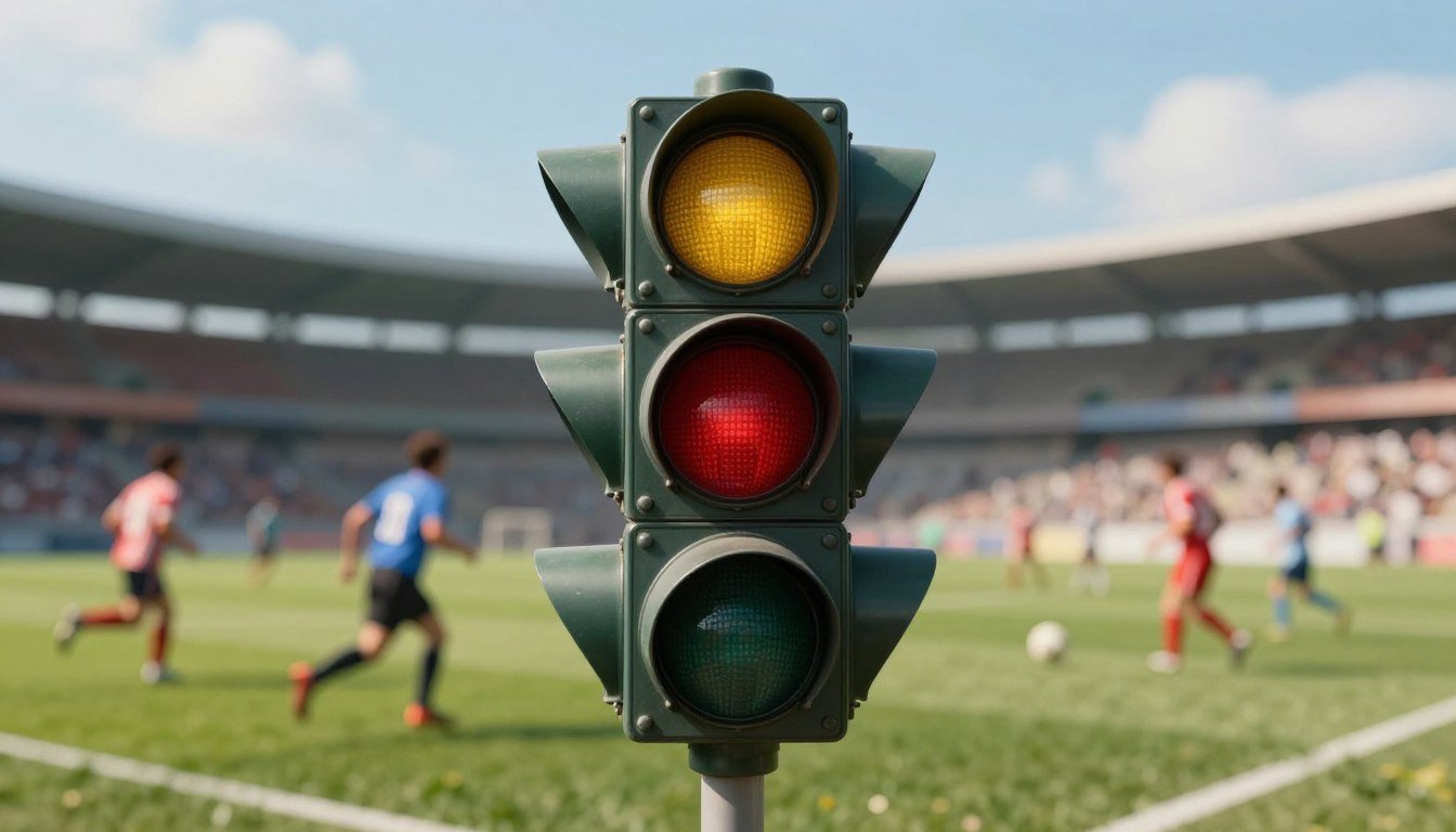 A vibrant and dramatic scene illustrating a traffic light designed like a soccer referee's card display. In the foreground, a stylized traffic light prominently shows a yellow and a red card, symbolizing the concept of caution and penalty in sports. The middle ground features a blurred background of a bustling soccer field with players in action, emphasizing the connection to the game. The background should include a soft-focus soccer stadium under a bright blue sky, creating a lively and energetic atmosphere. Use soft, natural lighting to evoke a sense of nostalgia and history, as if capturing a moment from the past. The composition should be dynamic, focusing on the unique traffic light while incorporating elements that signify its inspiration from the world of soccer.